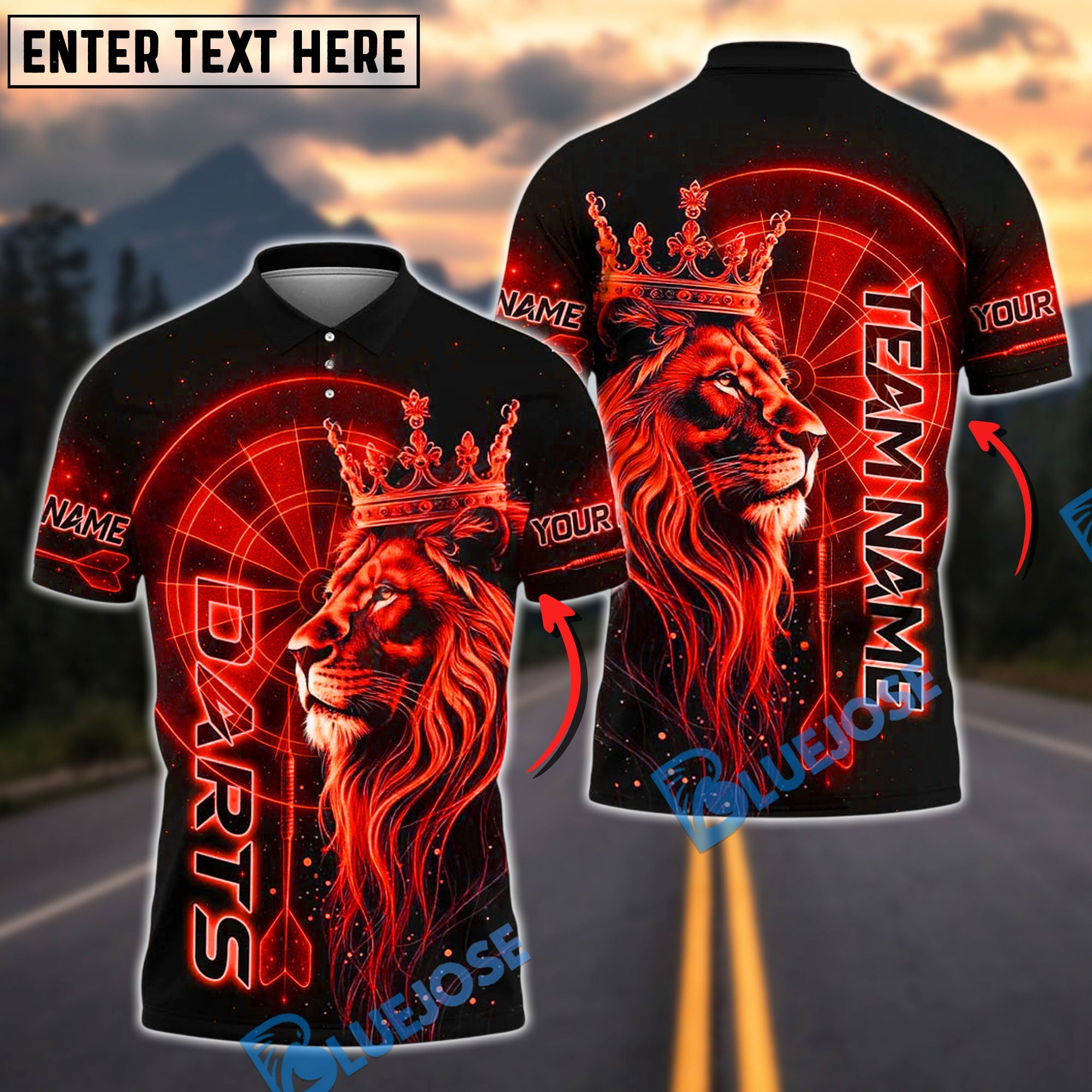 BlueJose Darts Lion King Crown Gold Customized Name, Team Name 3D Shirt (4 Colors)
