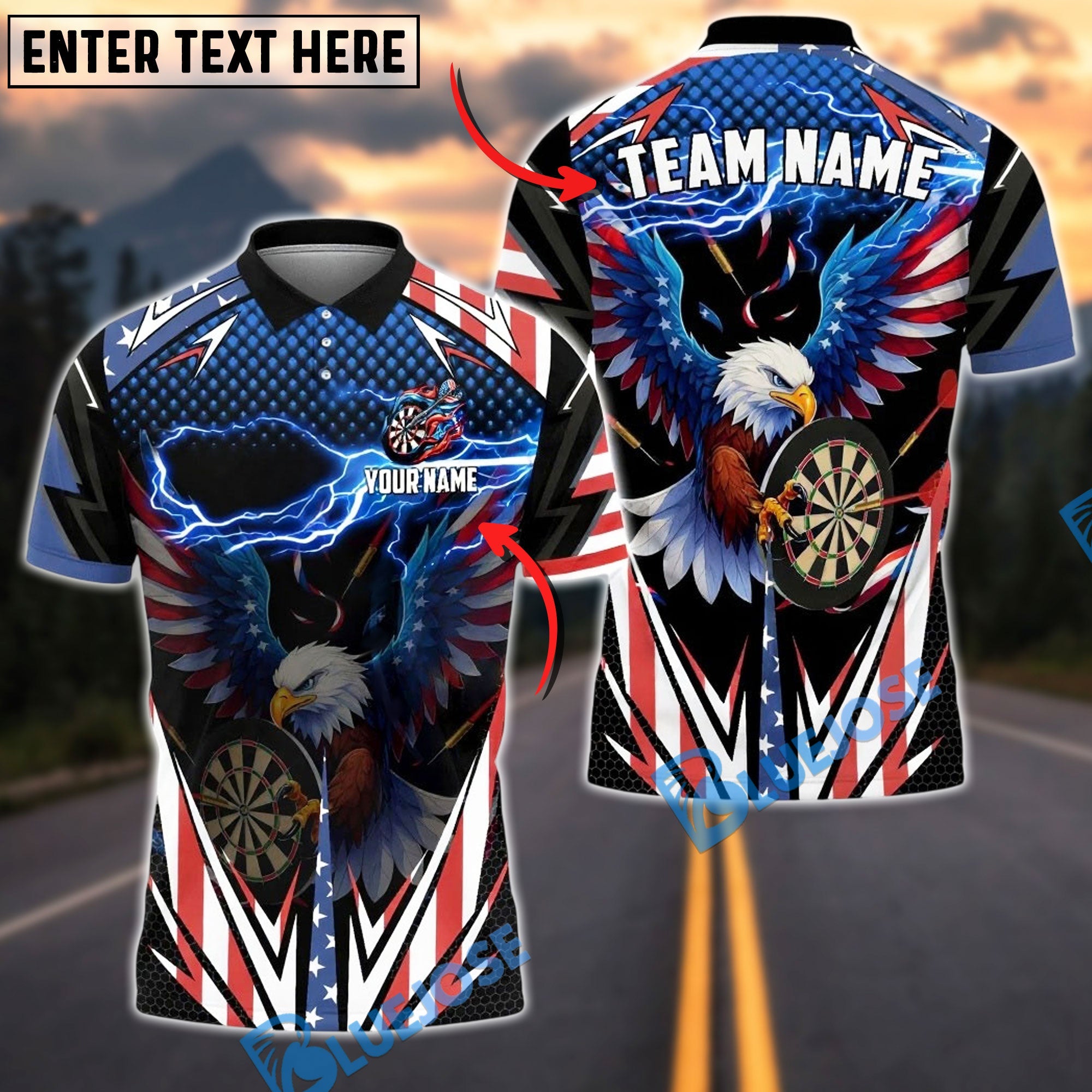 BlueJose Darts American Bald Eagle Lightning USA Flag Style Personalized Name Shirt