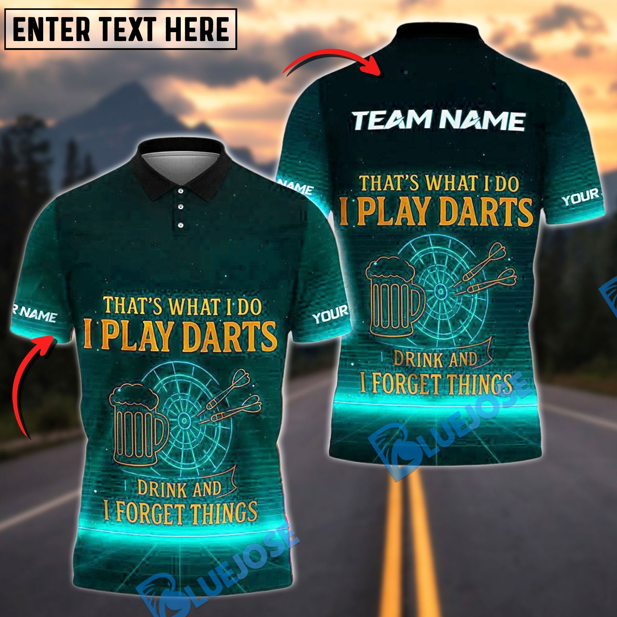 BlueJose Darts Funny Neon Text Throw - I Drink and I Forget Things Personalized Name, Team Name Shirt (4 Colors)