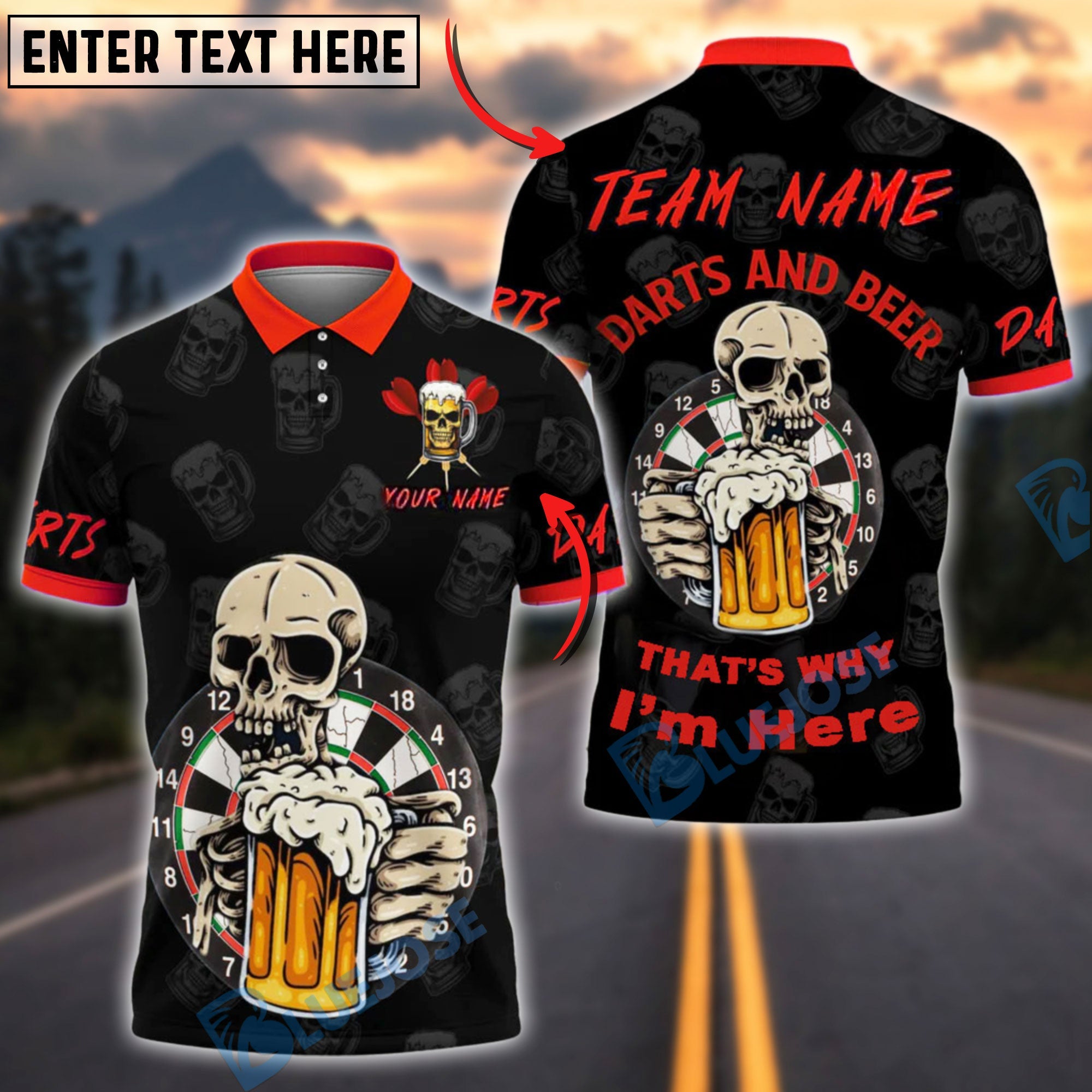 BlueJose Darts Skull Beer Mug That‚Äôs Why I‚Äôm Here Customized Name, Team Name 3D Shirt (4 Colors)