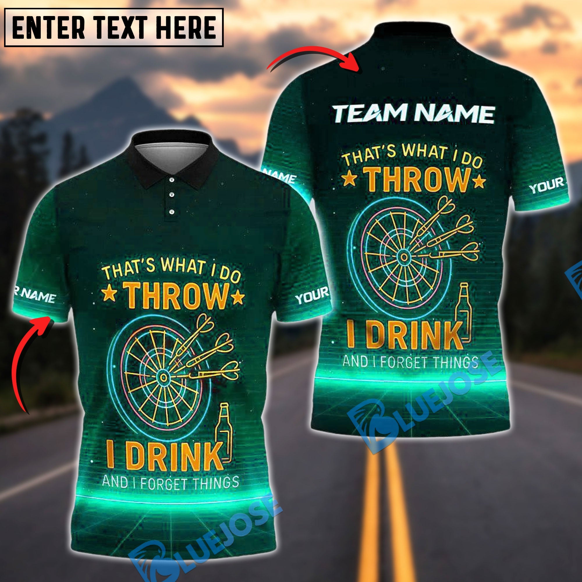 BlueJose Darts Funny Neon Text "I Play Darts ‚Äú Drink and I Forget Things" Personalized Name, Team Name Shirt (4 Colors)