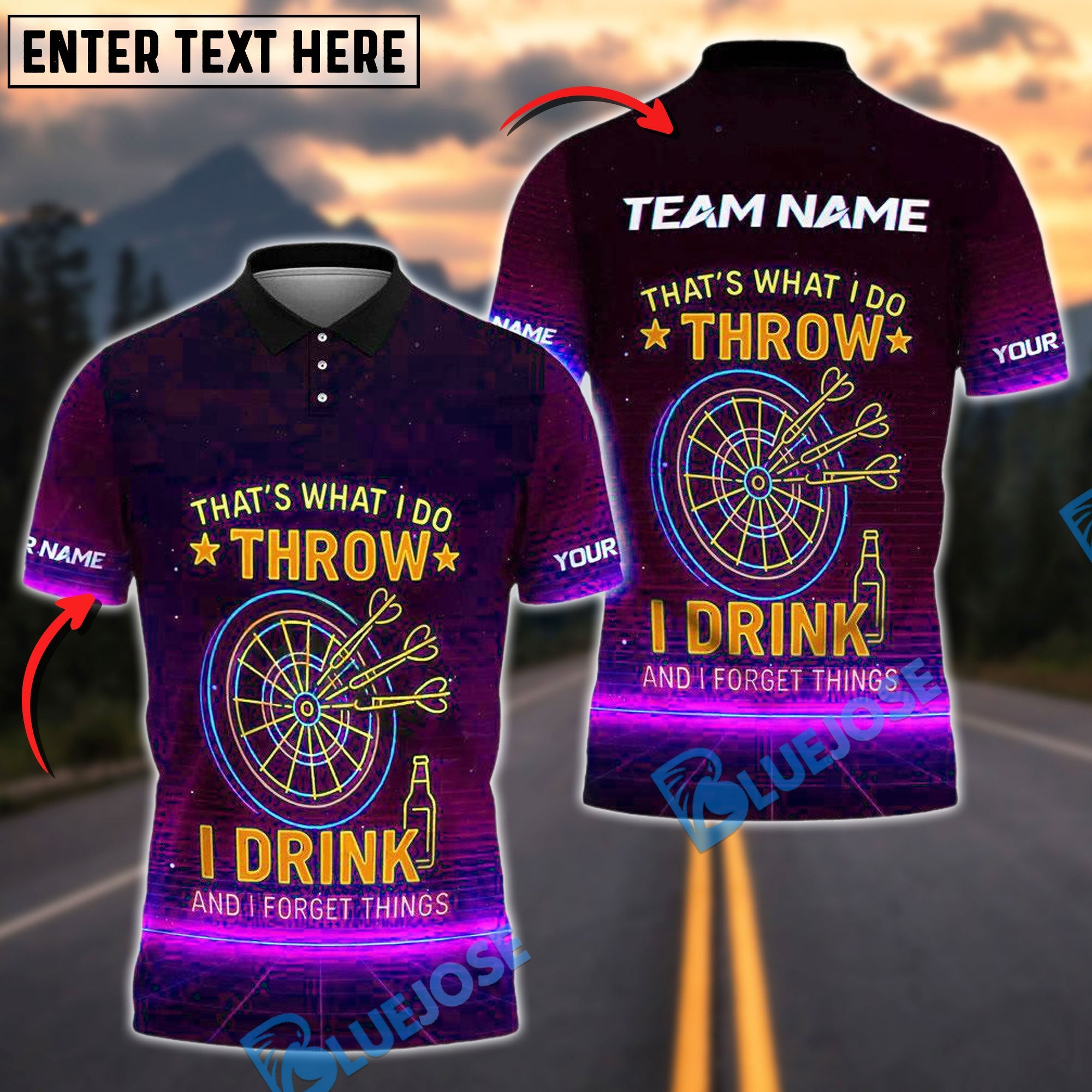 BlueJose Darts Funny Neon Text "I Play Darts ‚Äú Drink and I Forget Things" Personalized Name, Team Name Shirt (4 Colors)
