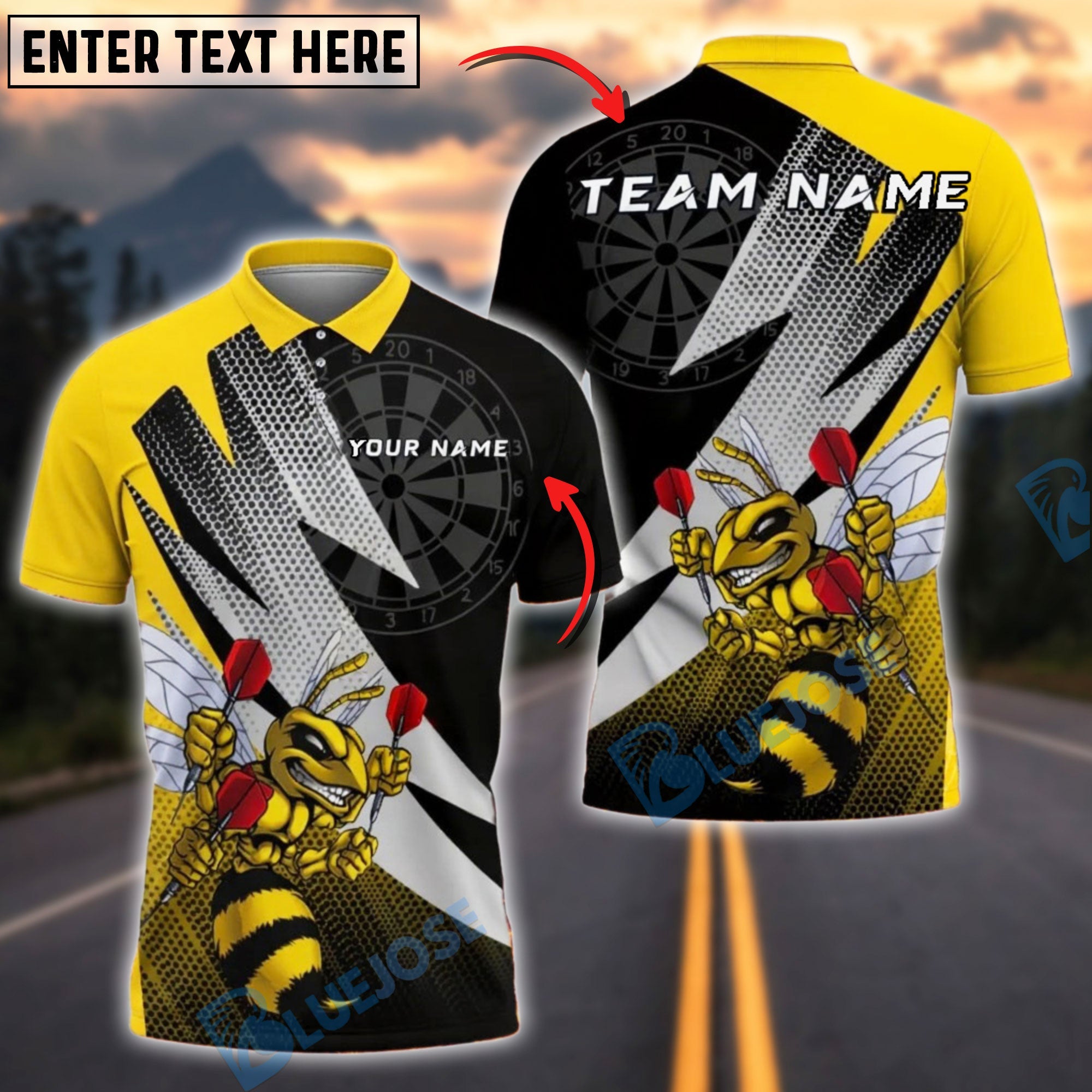 BlueJose Darts Buzzing Yellow Bee Cartoon Personalized Name Shirt