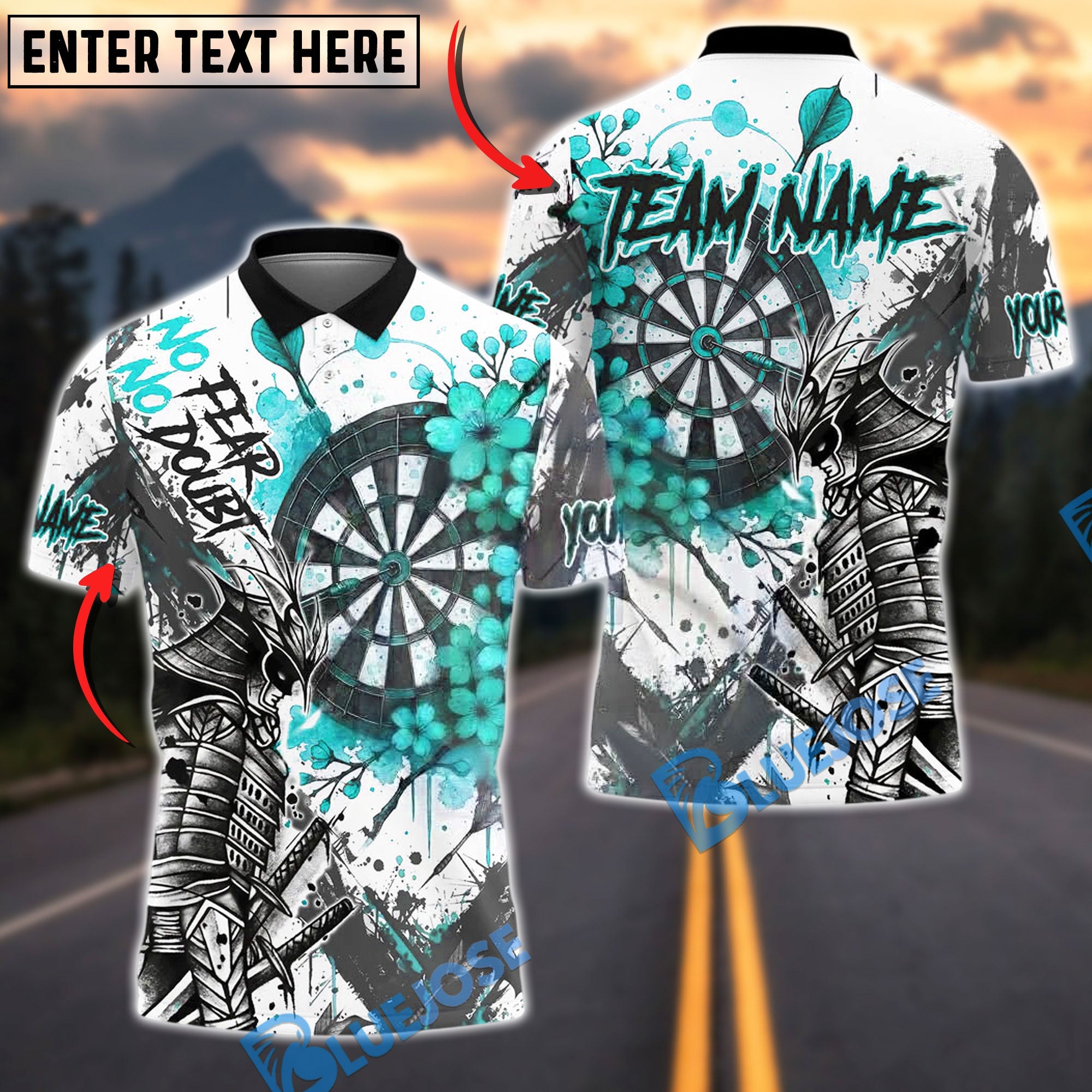 BlueJose Darts Samurai Warrior Cherry Blossom Design Personalized Name, Team Name Unisex Shirt (4 Colors)