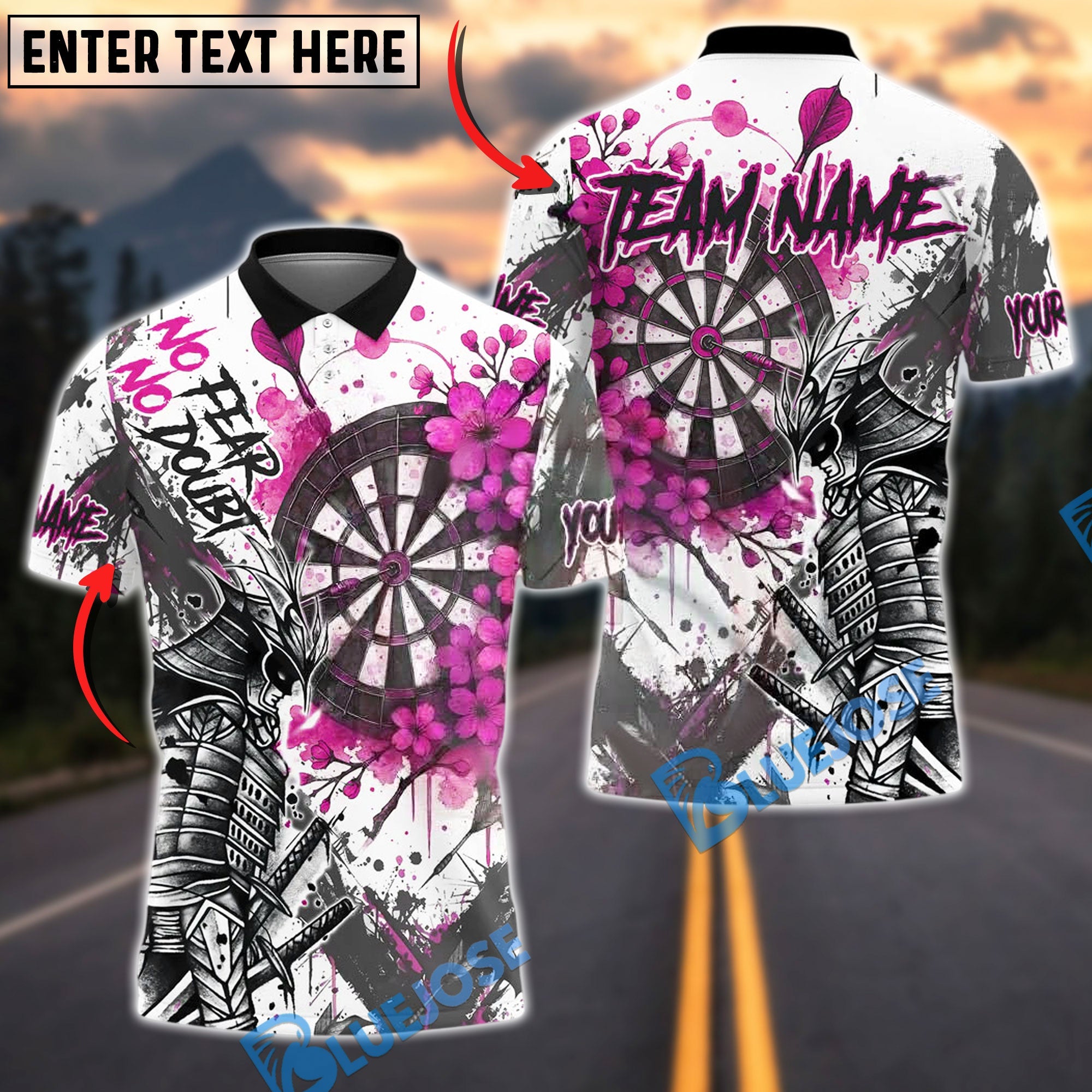 BlueJose Darts Samurai Warrior Cherry Blossom Design Personalized Name, Team Name Unisex Shirt (4 Colors)