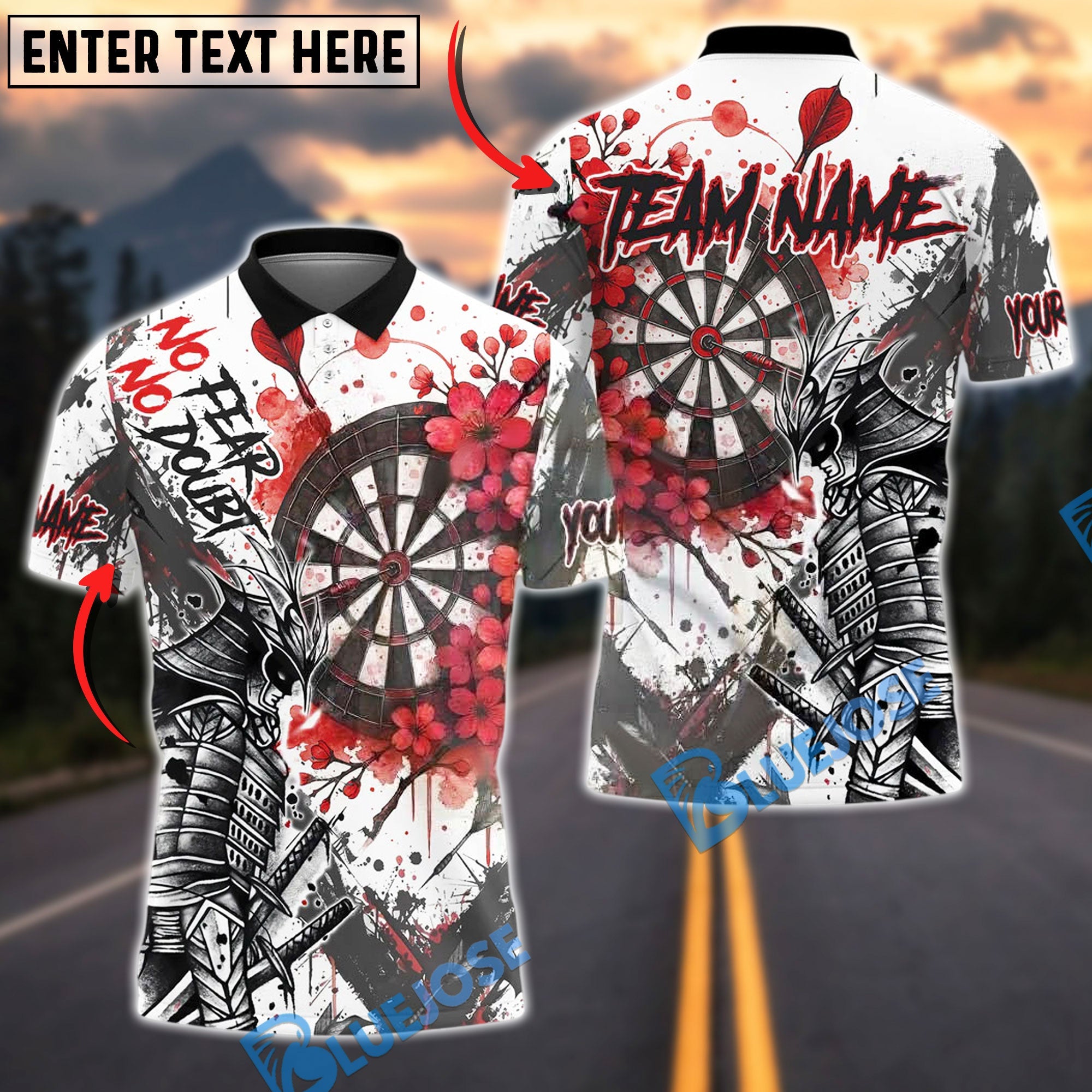 BlueJose Darts Samurai Warrior Cherry Blossom Design Personalized Name, Team Name Unisex Shirt (4 Colors)