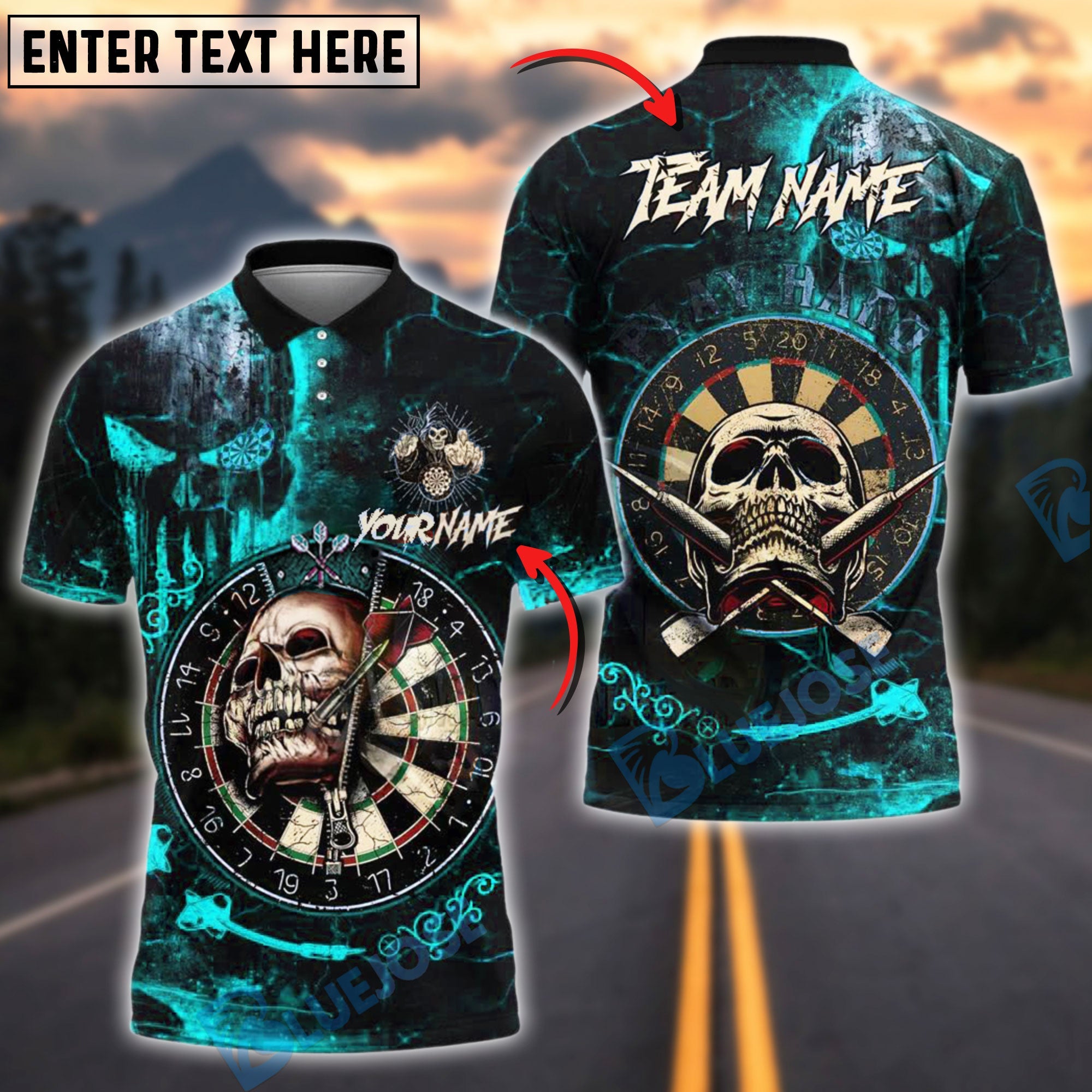 BlueJose Darts Skull Target Gothic Style Personalized Name, Team Name Shirt (4 Colors)