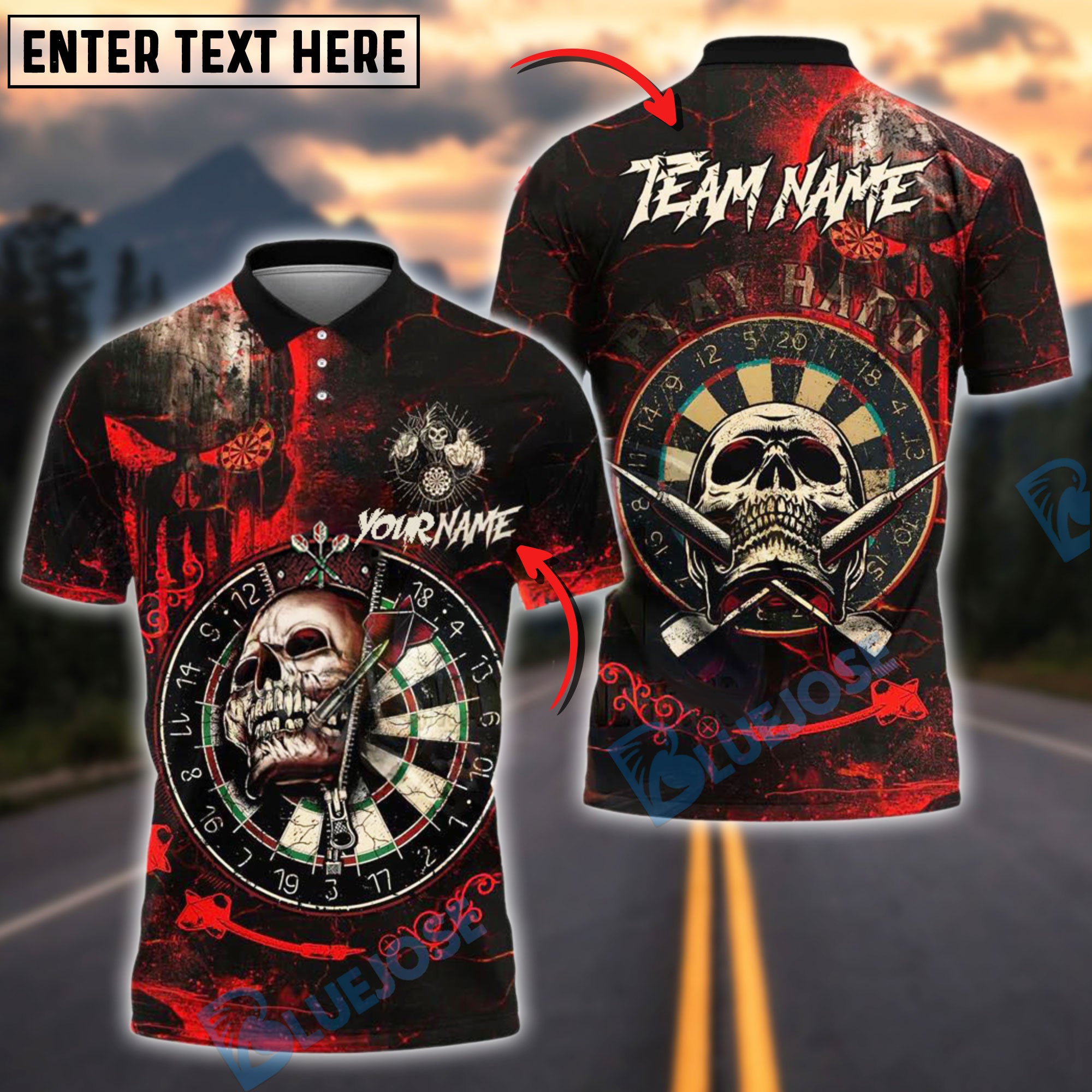 BlueJose Darts Skull Target Gothic Style Personalized Name, Team Name Shirt (4 Colors)