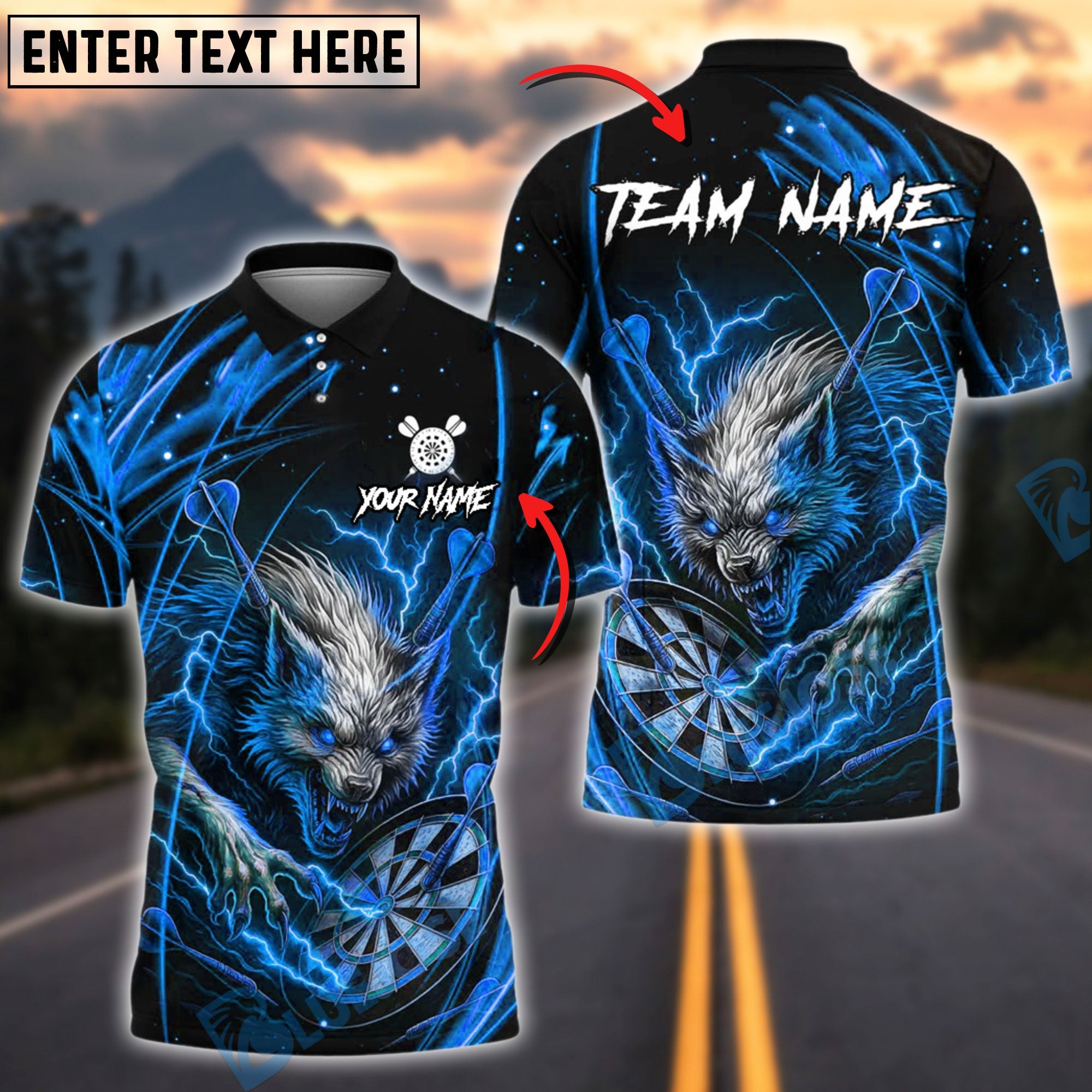 BlueJose Darts Wild Wolf Lightning Theme Customized Name, Team Name 3D Shirt (4 Colors)