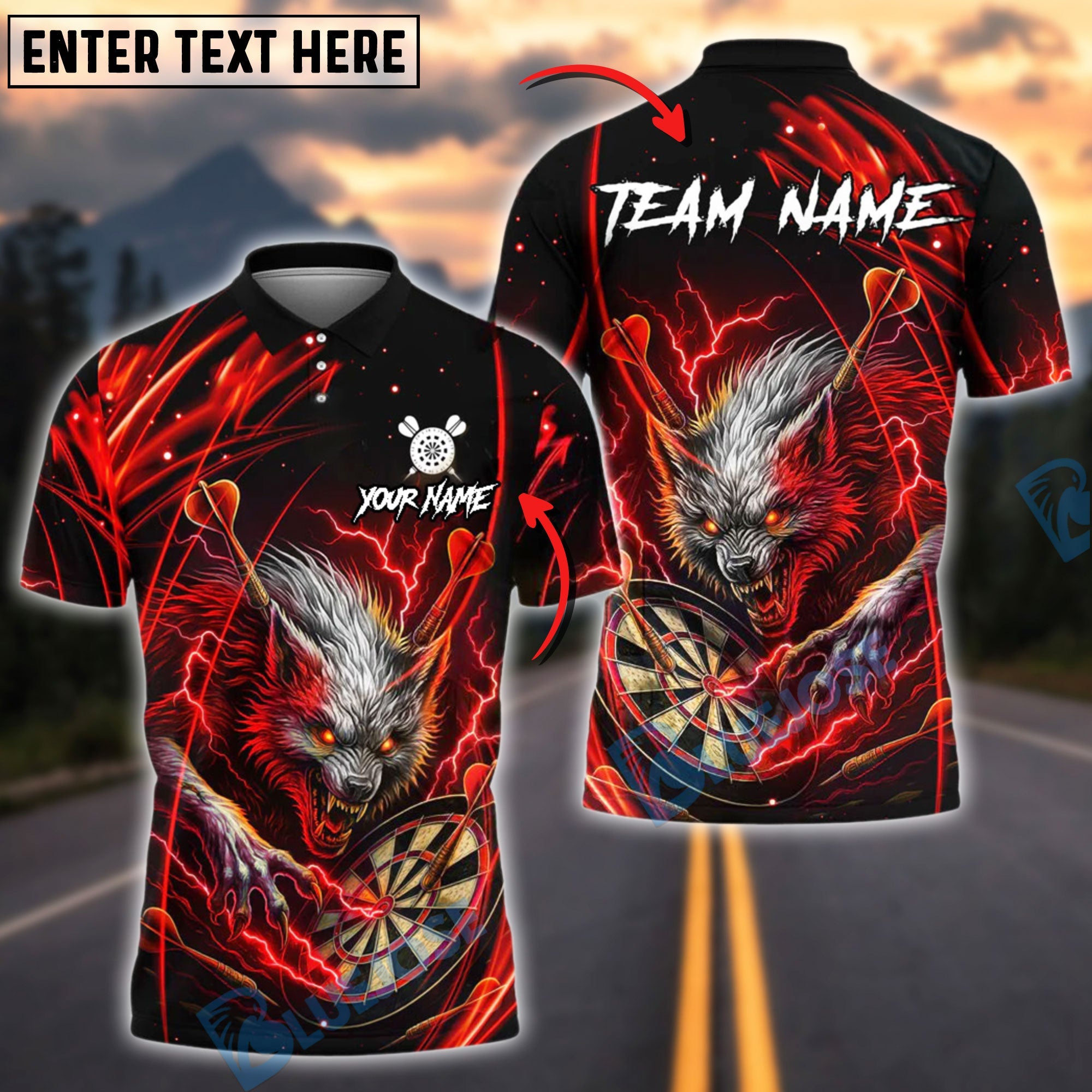 BlueJose Darts Wild Wolf Lightning Theme Customized Name, Team Name 3D Shirt (4 Colors)