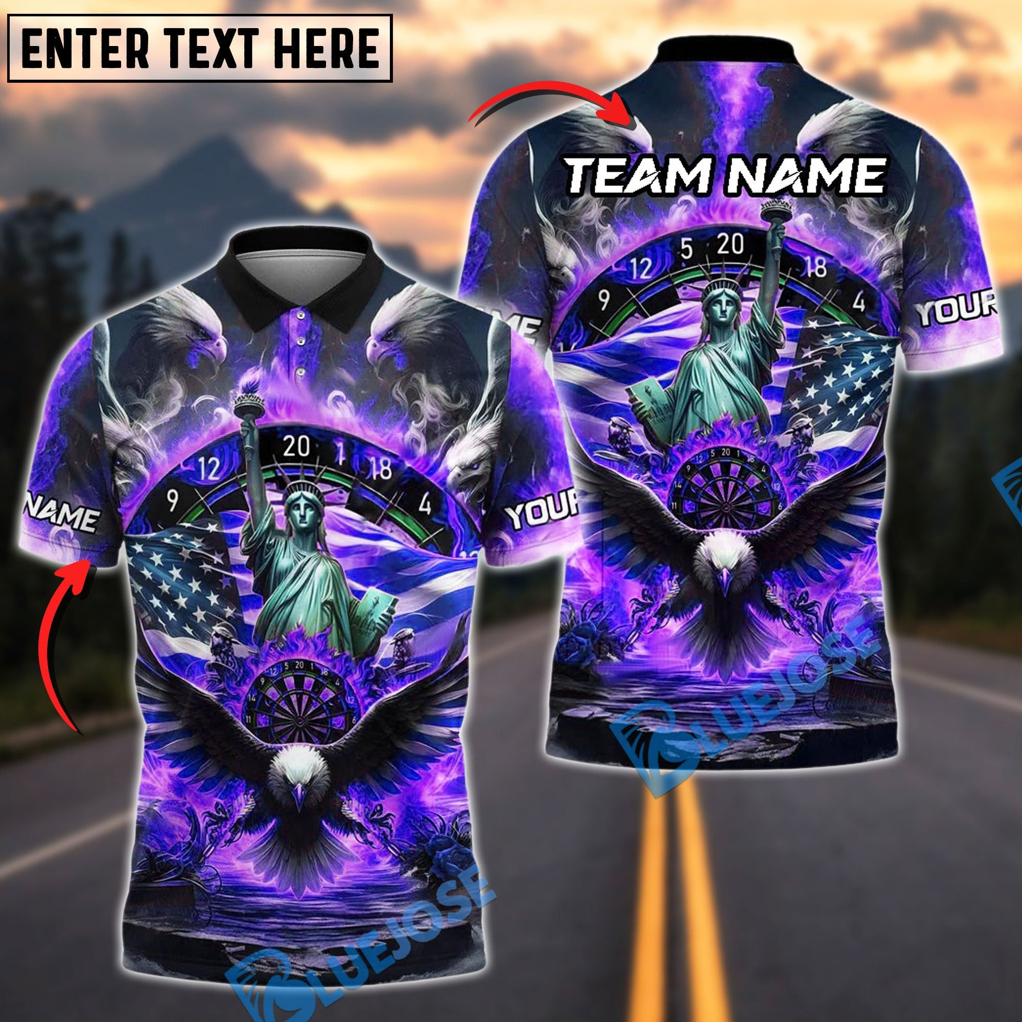 BlueJose Darts American Liberty Eagle Fire Design Customized Name, Team Name 3D Shirt (4 Colors)