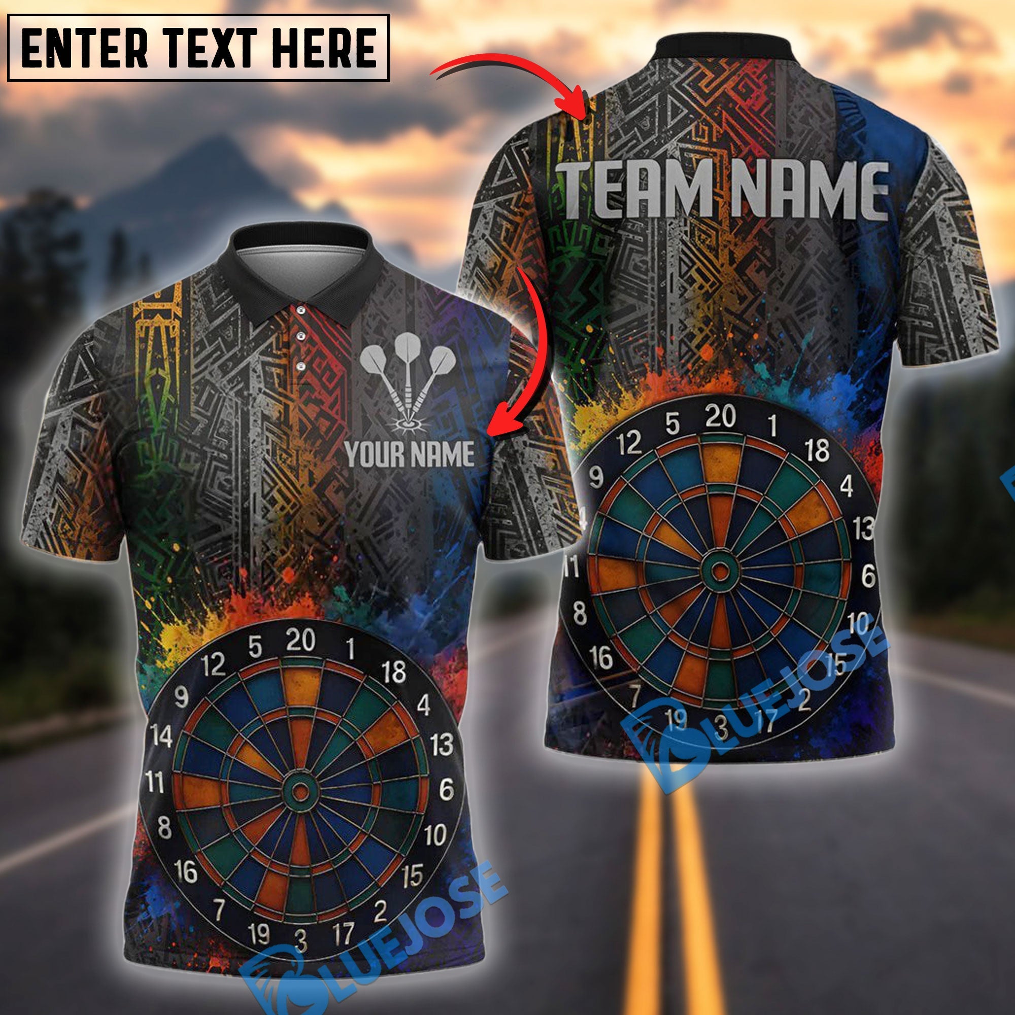 BlueJose Darts Tribal Splash Colorful Precision Personalized Name, Team Name Shirt