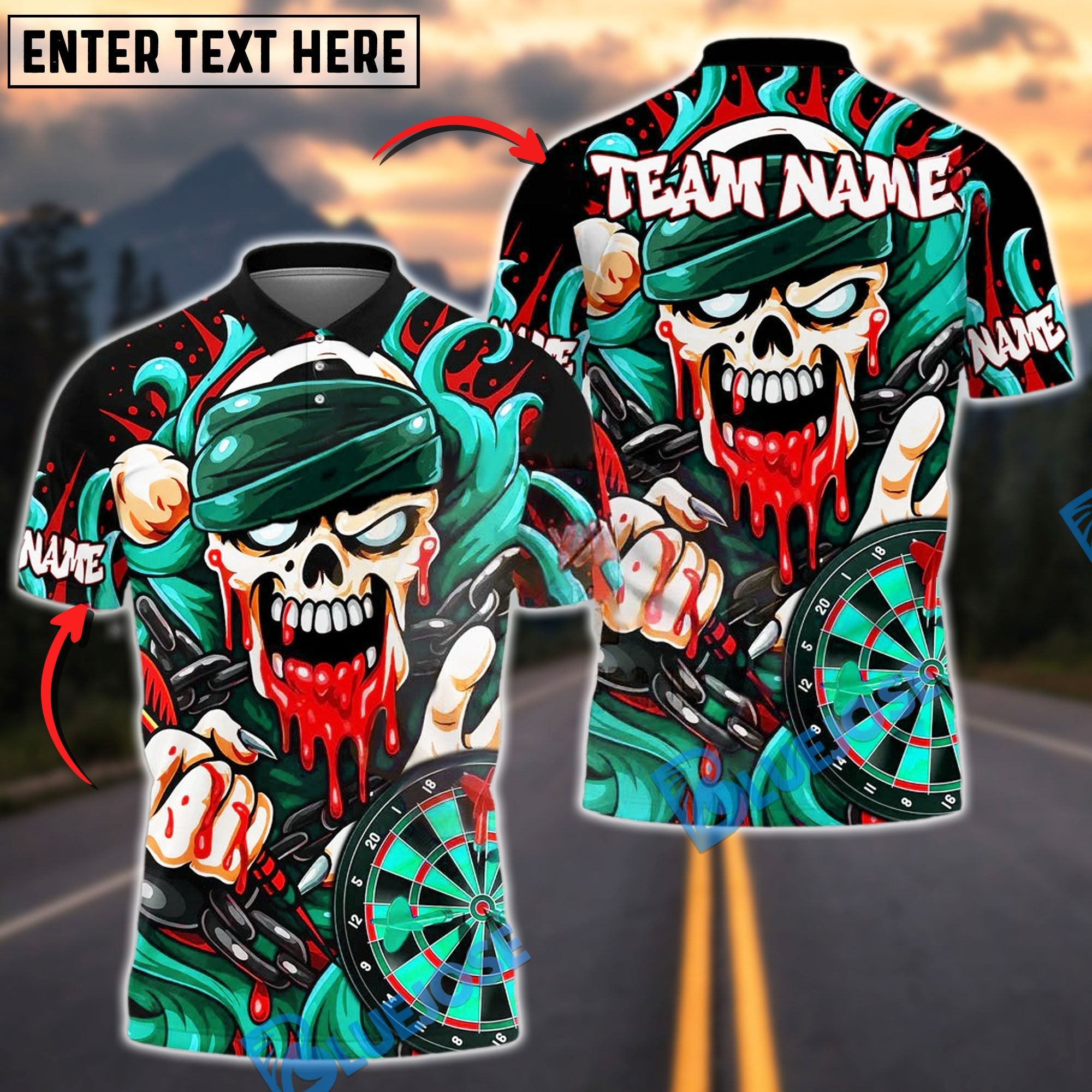 BlueJose Darts Skull Chains Zombie Blood Customized Name, Team Name 3D Shirt (4 Colors)