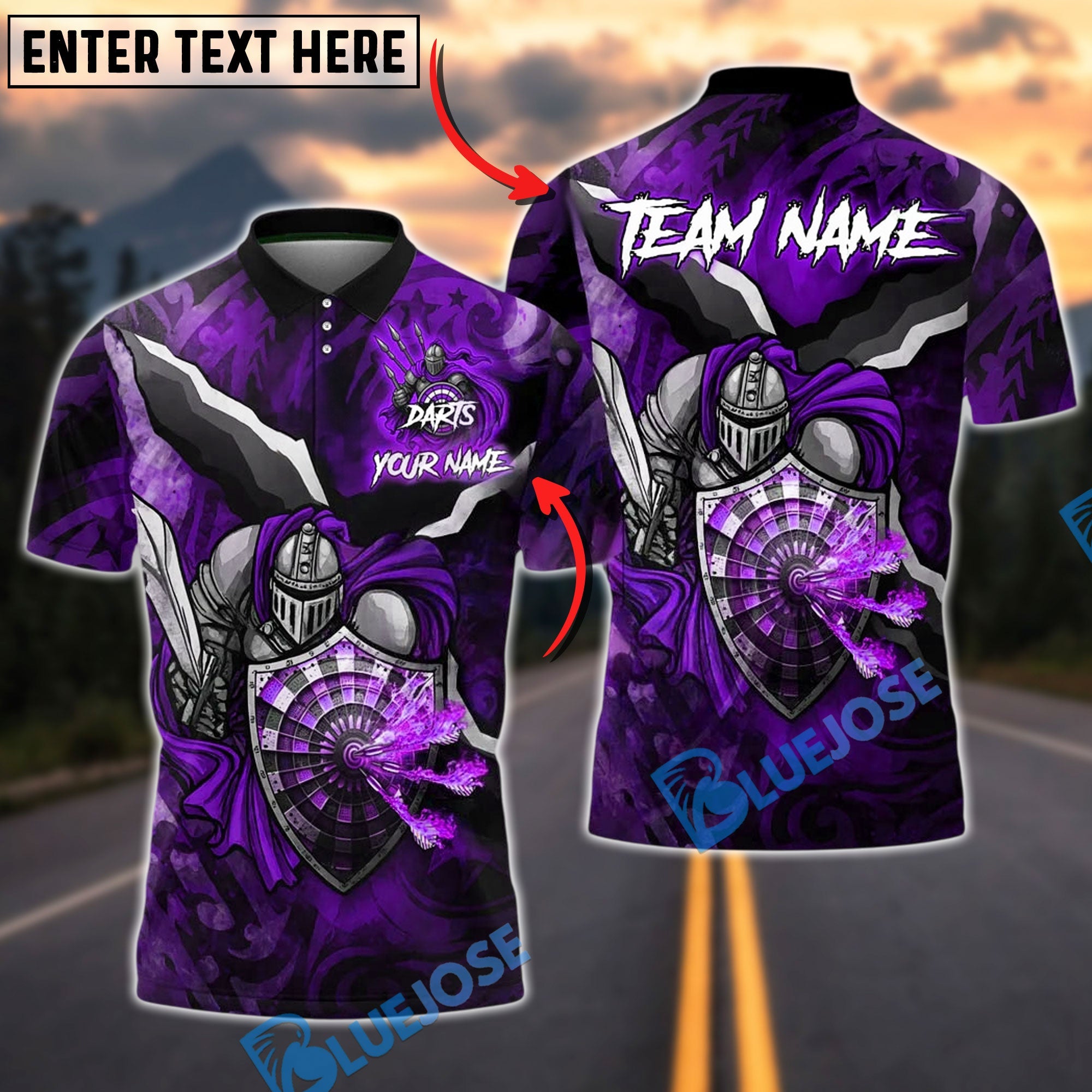 BlueJose Darts Knight Fire Shield Customized Name, Team Name 3D Shirt (4 Colors)