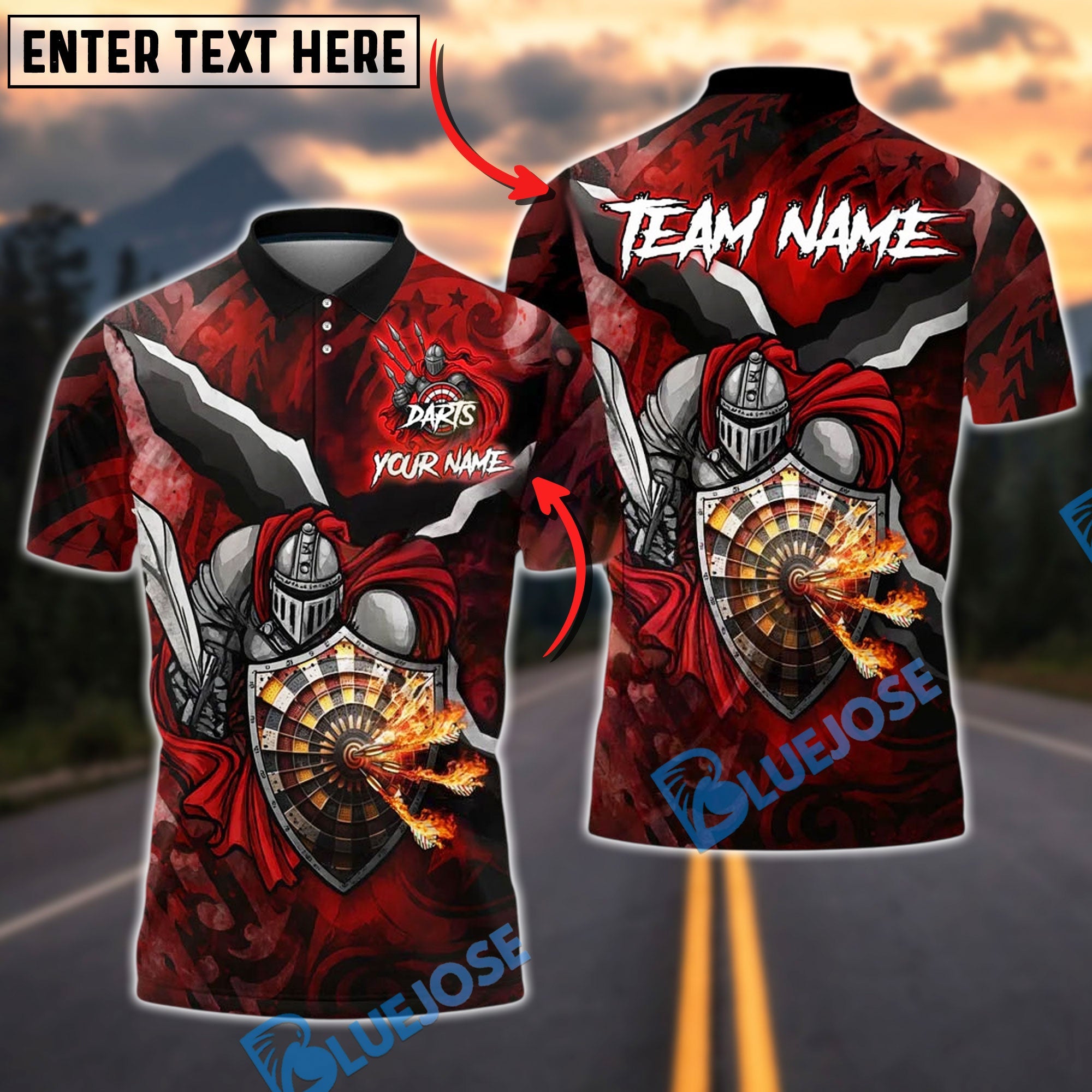 BlueJose Darts Knight Fire Shield Customized Name, Team Name 3D Shirt (4 Colors)