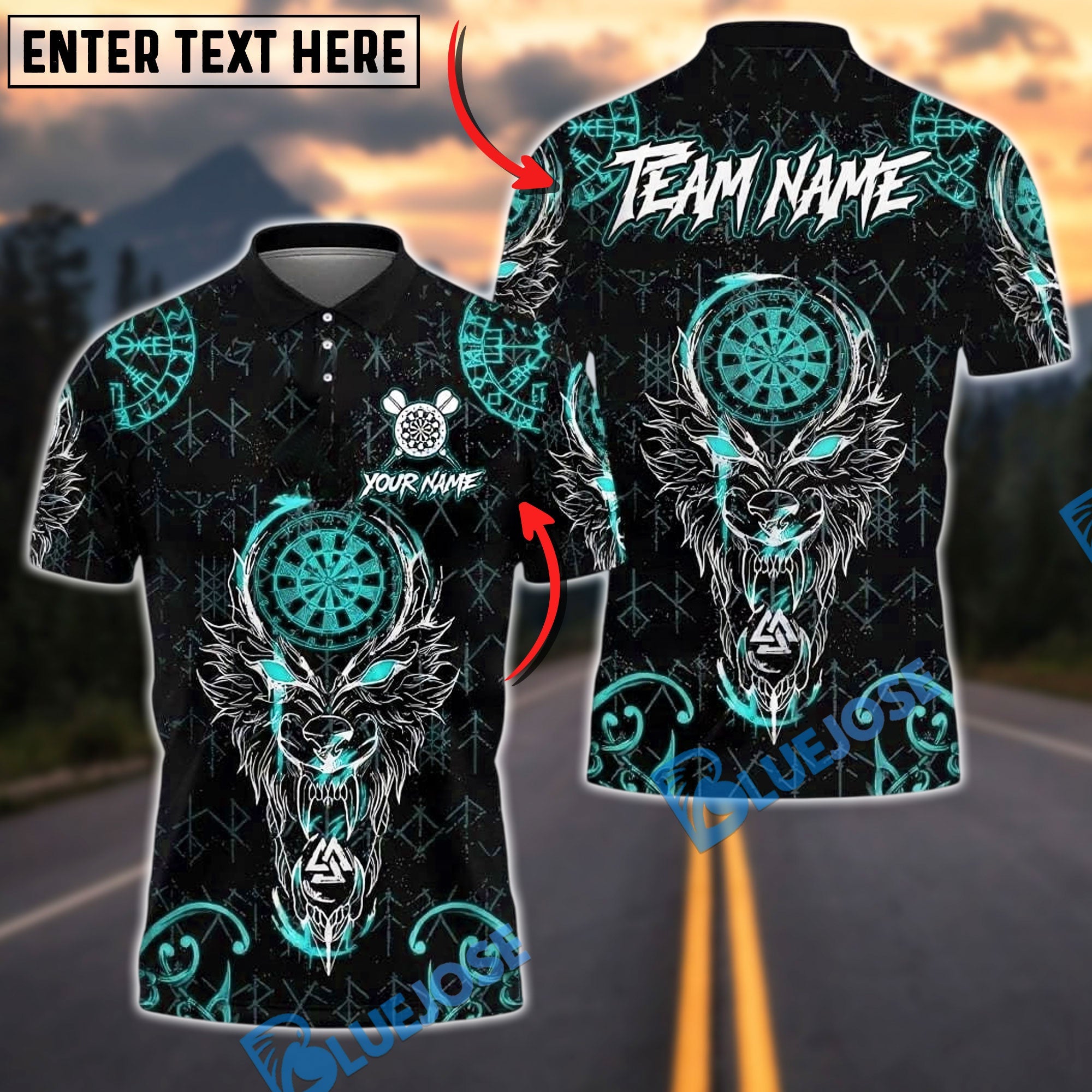 BlueJose Darts Viking Wolf Runes Design Personalized Name, Team Name Unisex Shirt (4 Colors)