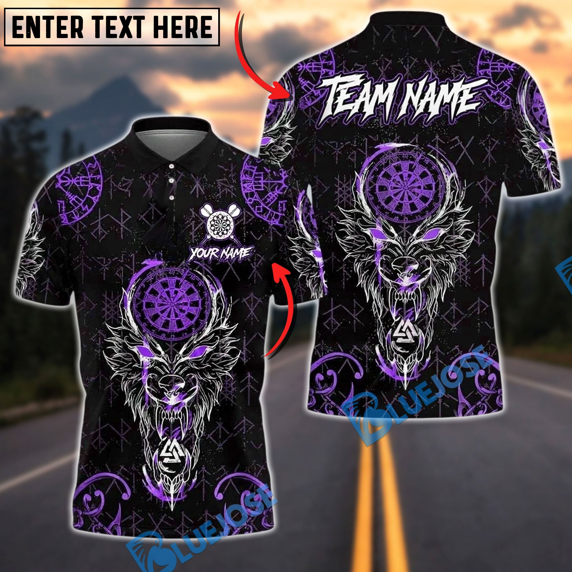 BlueJose Darts Viking Wolf Runes Design Personalized Name, Team Name Unisex Shirt (4 Colors)