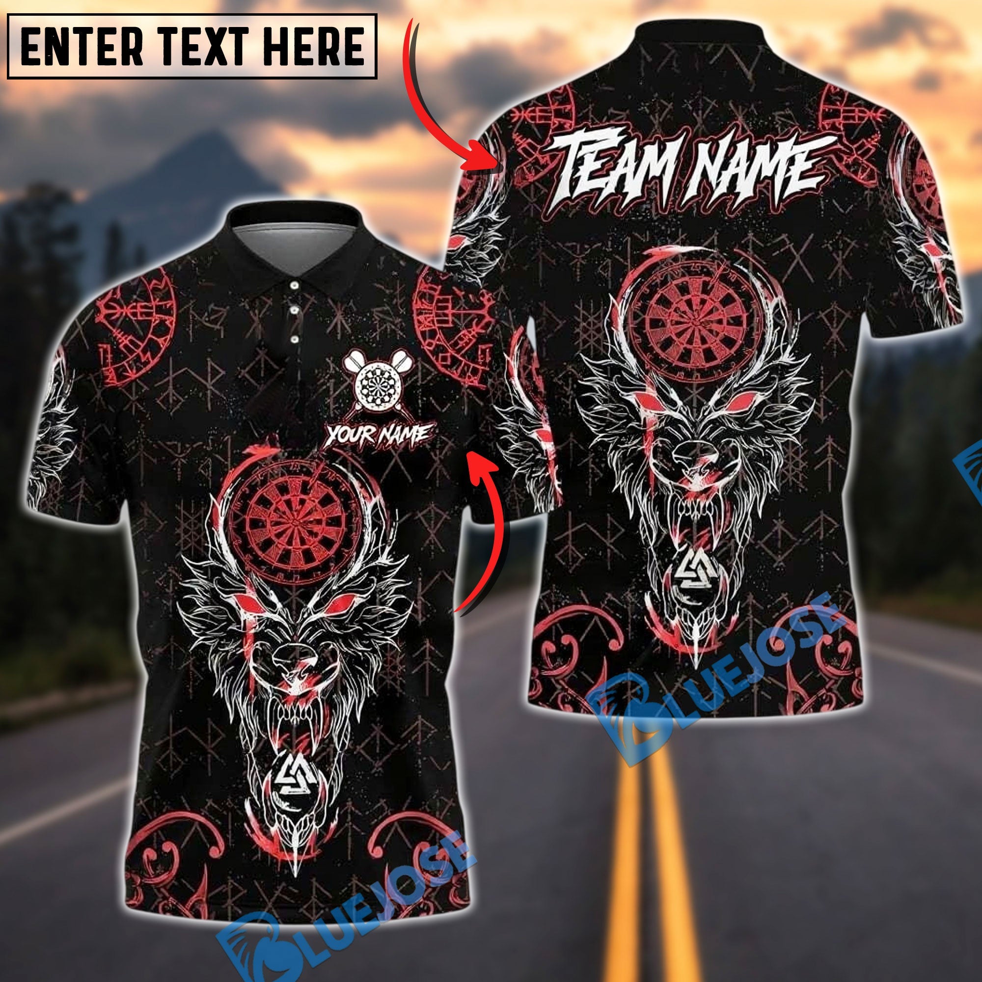 BlueJose Darts Viking Wolf Runes Design Personalized Name, Team Name Unisex Shirt (4 Colors)
