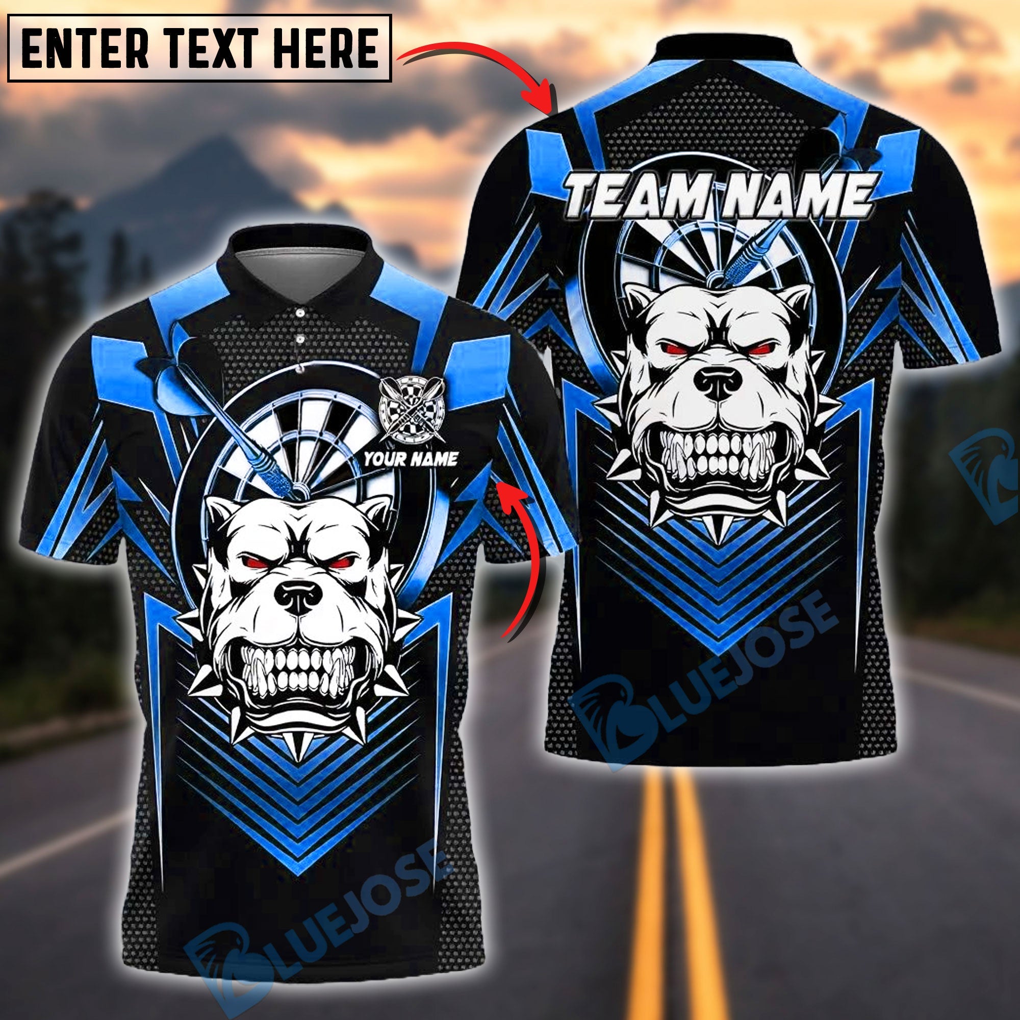 BlueJose Darts Pitbull Design Line Black Style Customized Name, Team Name 3D Shirt (4 Colors)