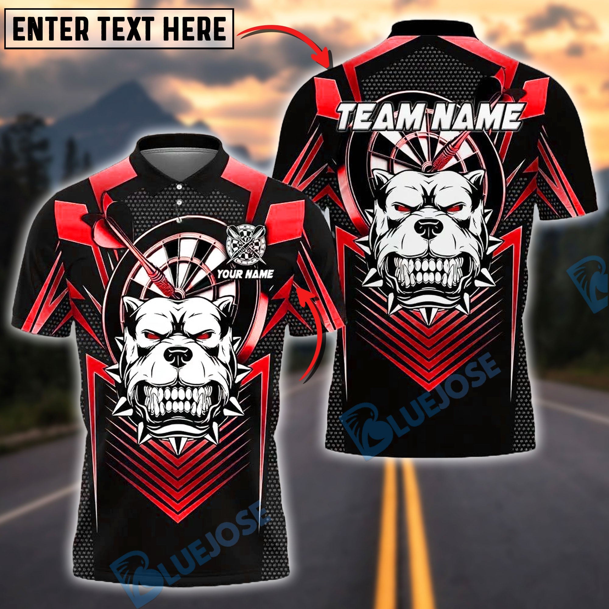 BlueJose Darts Pitbull Design Line Black Style Customized Name, Team Name 3D Shirt (4 Colors)