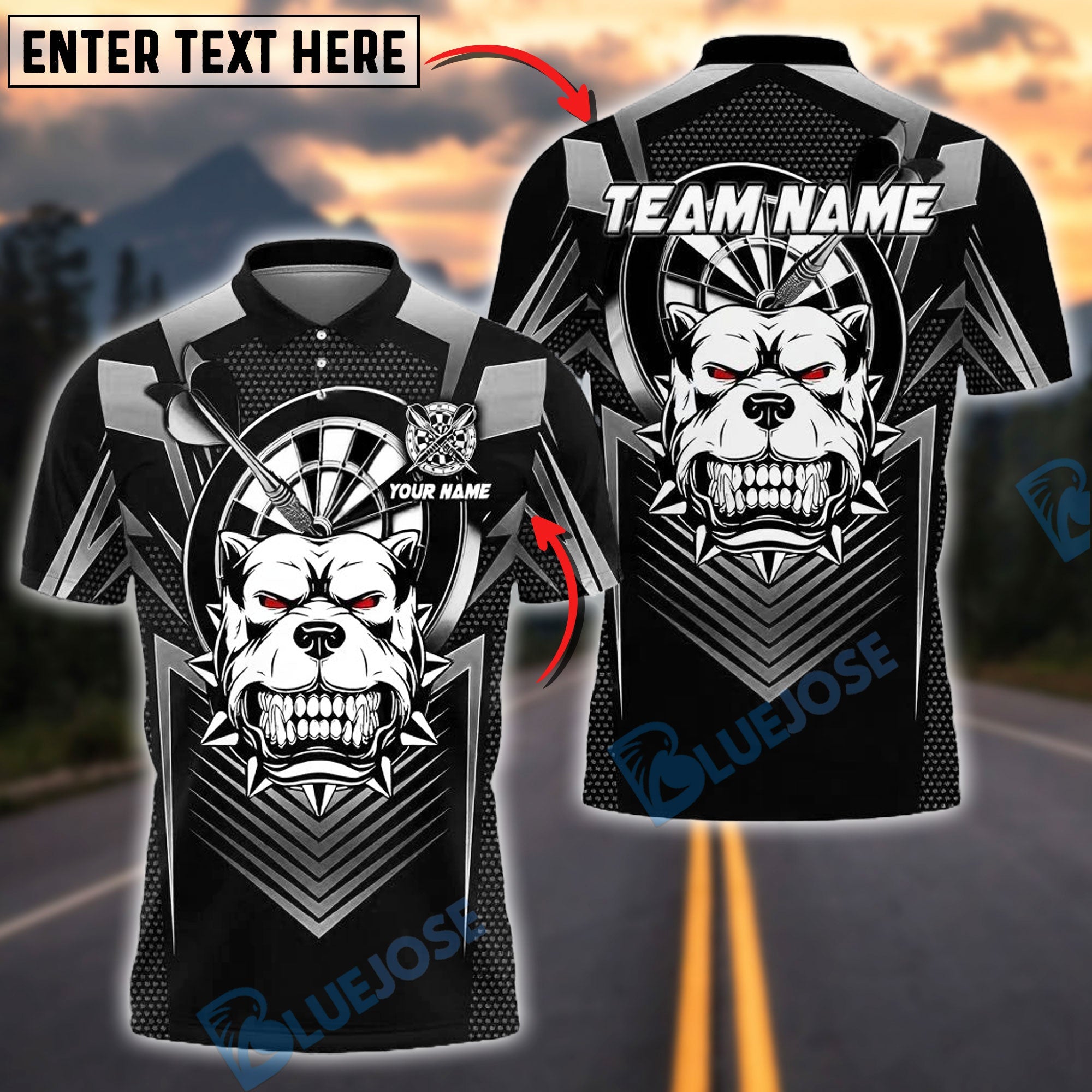 BlueJose Darts Pitbull Design Line Black Style Customized Name, Team Name 3D Shirt (4 Colors)