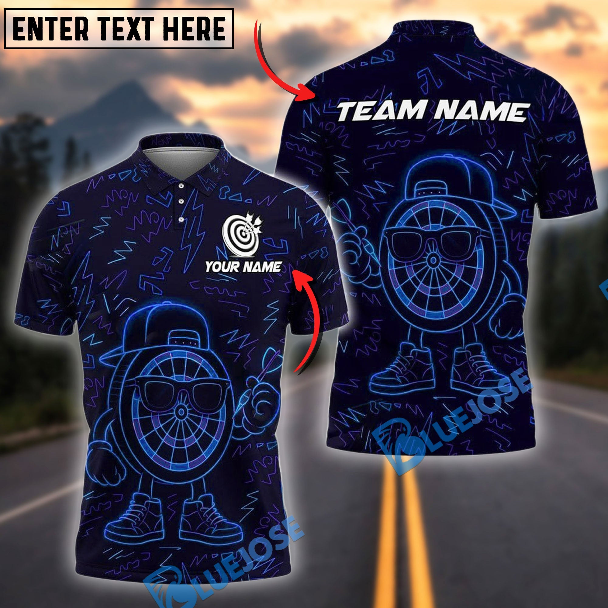 BlueJose Darts Neon Funny Personalized Name, Team Name Shirt (4 Colors)