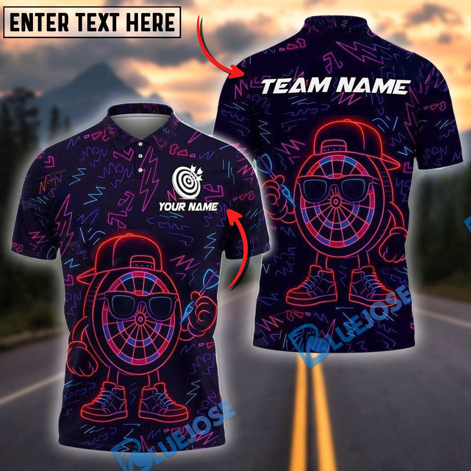 BlueJose Darts Neon Funny Personalized Name, Team Name Shirt (4 Colors)