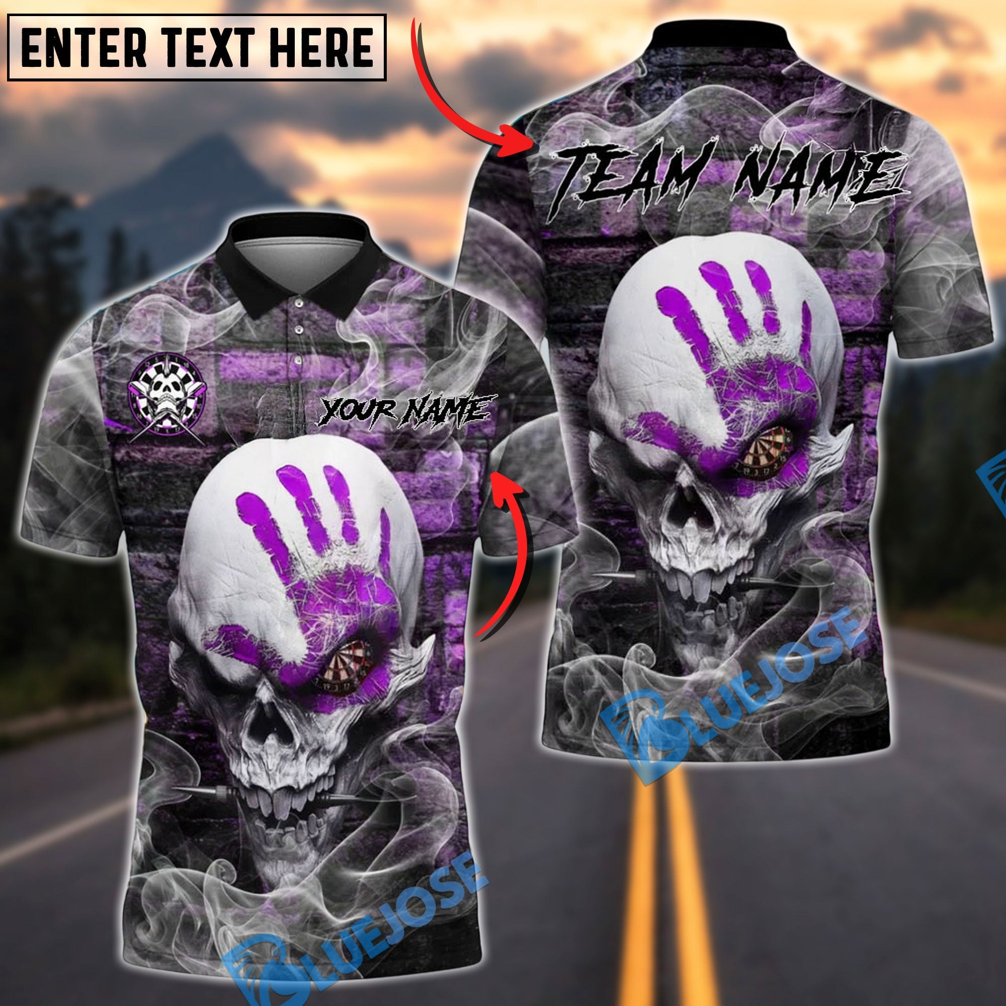 BlueJose Darts Skull Hand Smoke Style Customized Name, Team Name 3D Shirt (4 Colors)