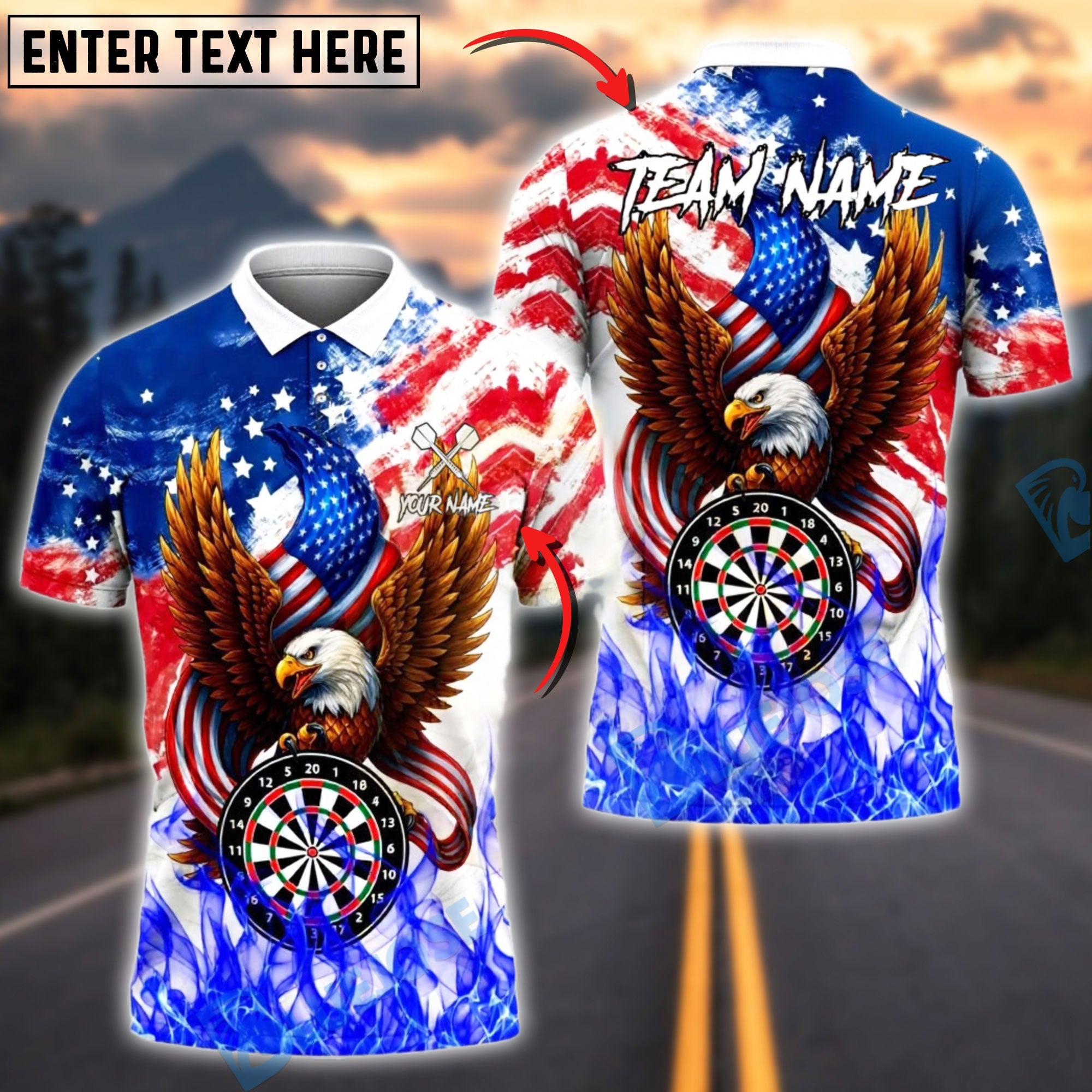 BlueJose Darts Eagle American Flag Dartboard Flame Personalized Name Shirt