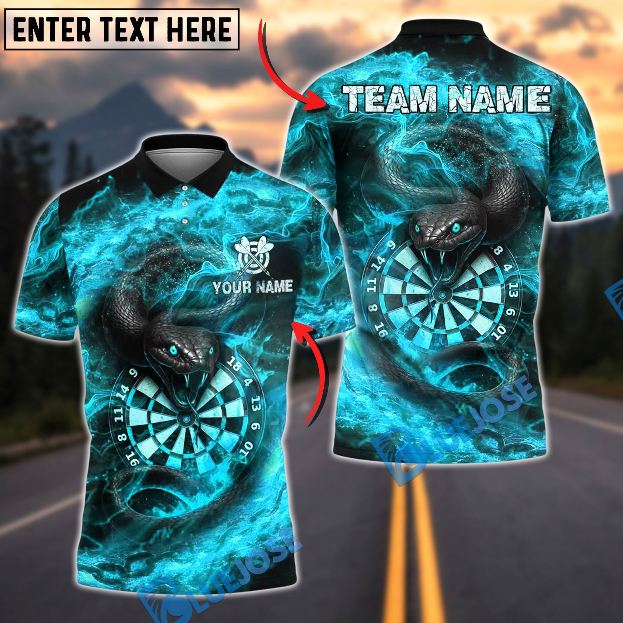 BlueJose Darts Black Snake Fire Flame Customized Name, Team Name 3D Shirt (4 Colors)