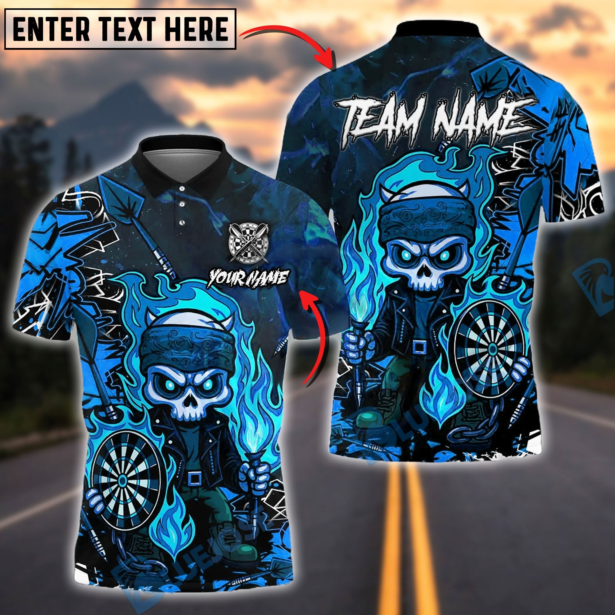 BlueJose Darts Flaming Skeleton Warrior Neon Customized Name, Team Name 3D Shirt (4 Colors)