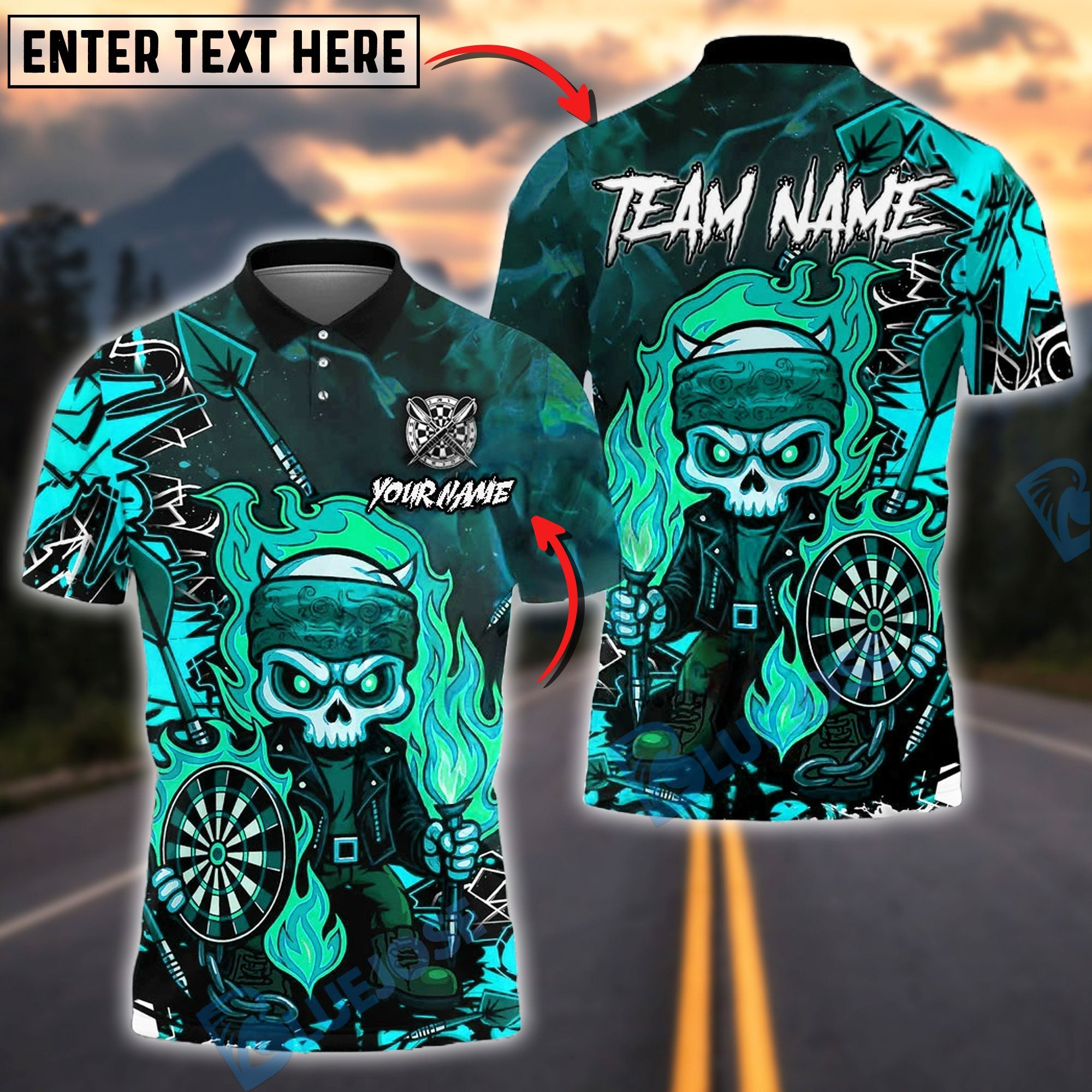 BlueJose Darts Flaming Skeleton Warrior Neon Customized Name, Team Name 3D Shirt (4 Colors)