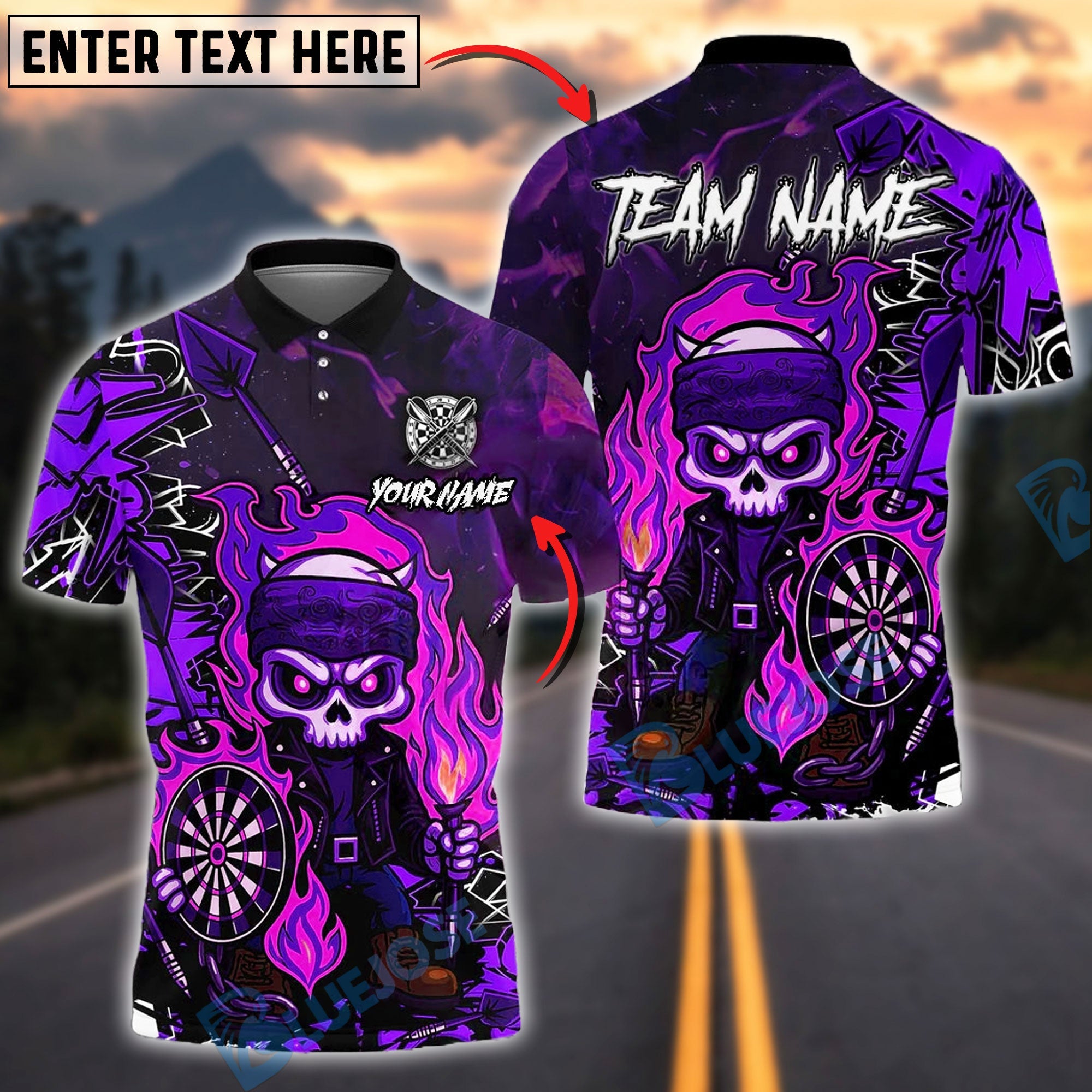 BlueJose Darts Flaming Skeleton Warrior Neon Customized Name, Team Name 3D Shirt (4 Colors)