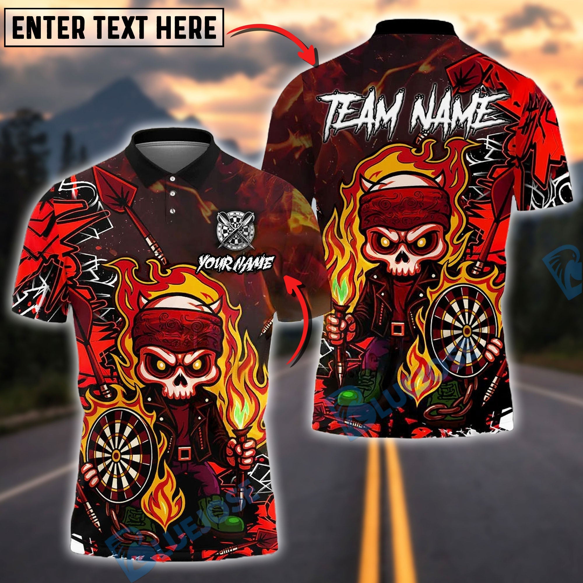 BlueJose Darts Flaming Skeleton Warrior Neon Customized Name, Team Name 3D Shirt (4 Colors)