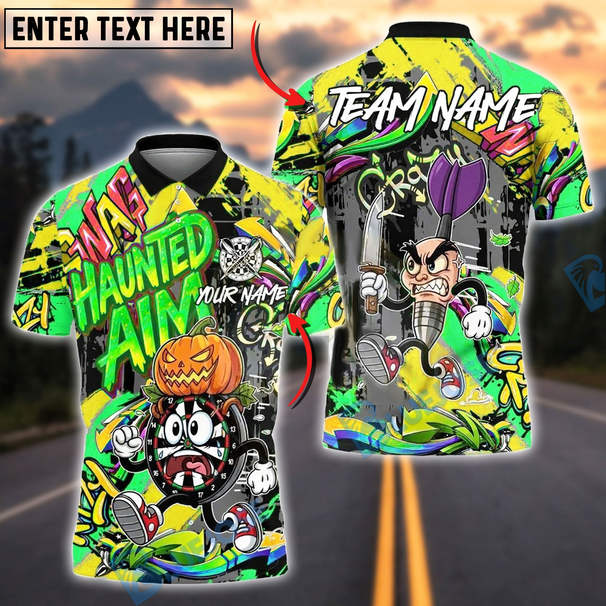 BlueJose Darts Halloween Cartoon Graffiti Style Customized Name, Team Name 3D Shirt (4 Colors)