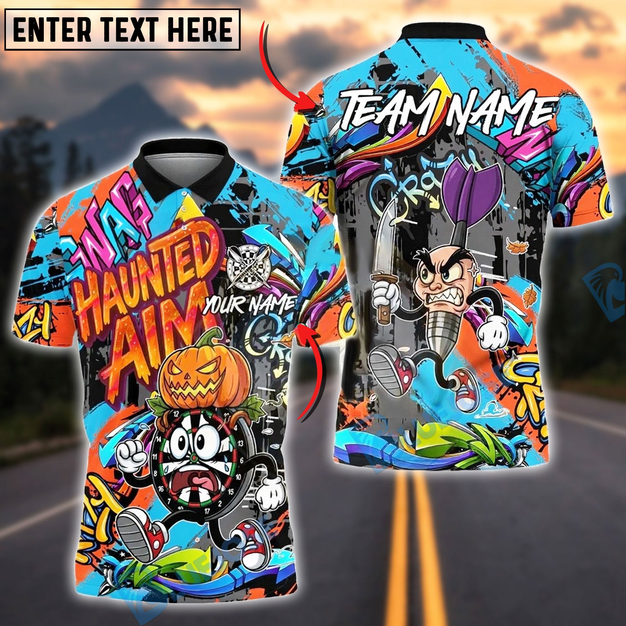 BlueJose Darts Halloween Cartoon Graffiti Style Customized Name, Team Name 3D Shirt (4 Colors)