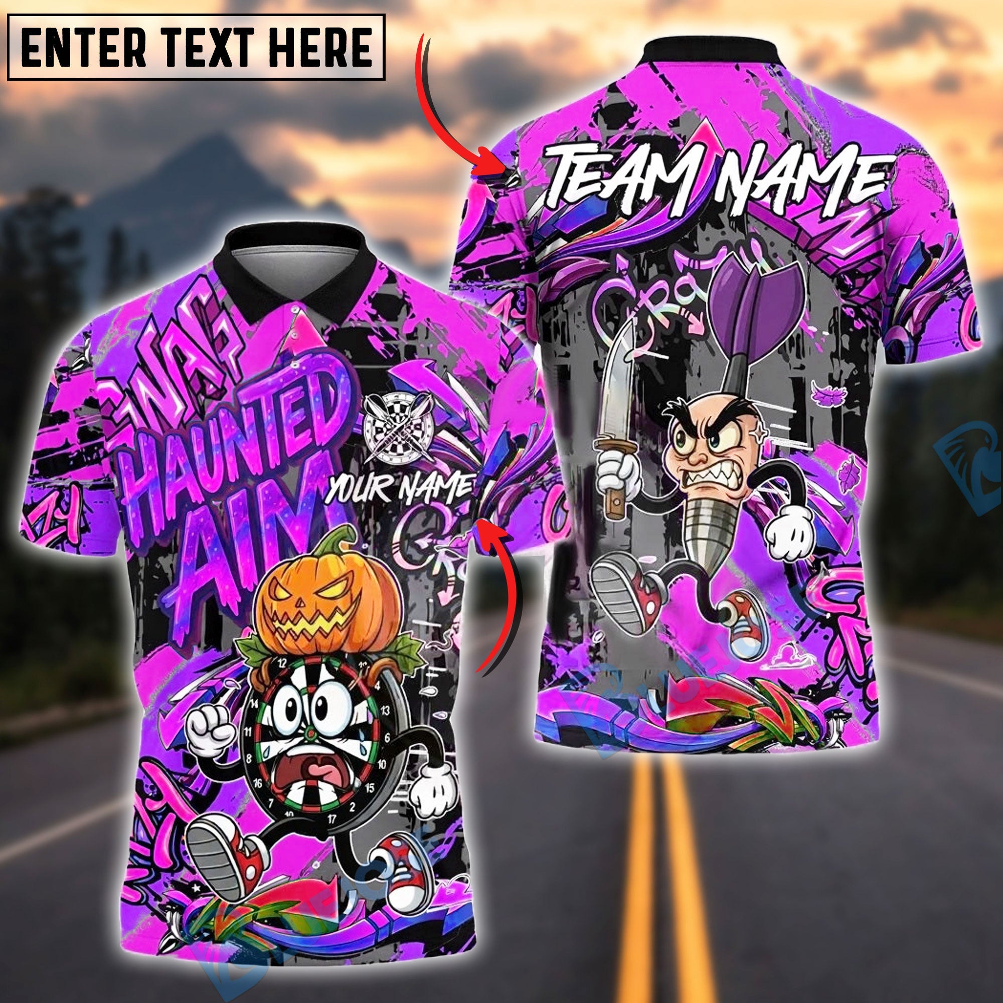 BlueJose Darts Halloween Cartoon Graffiti Style Customized Name, Team Name 3D Shirt (4 Colors)