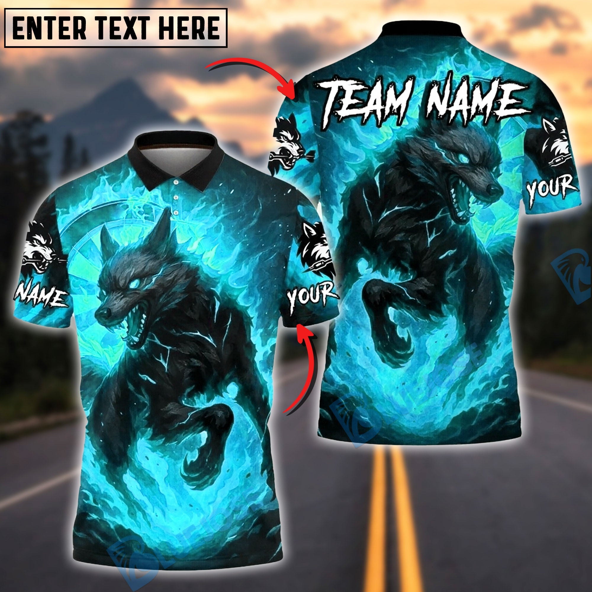 BlueJose Darts Fire Wolf Dartboard Burning Flame Power Customized Name, Team Name 3D Shirt (4 Colors)