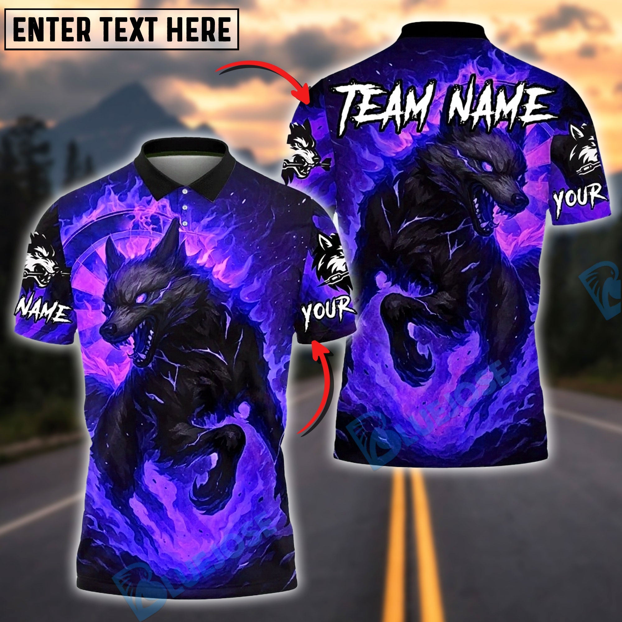 BlueJose Darts Fire Wolf Dartboard Burning Flame Power Customized Name, Team Name 3D Shirt (4 Colors)