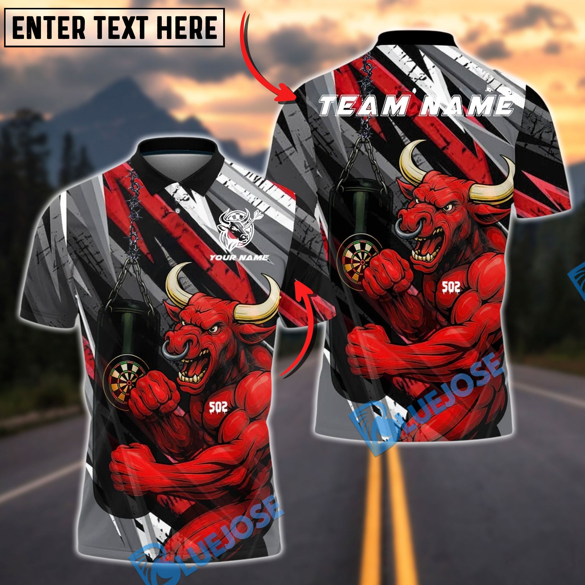 BlueJose Darts Red Bull Dartboard Fighter Strength Customized Name, Team Name 3D Shirt (4 Colors)