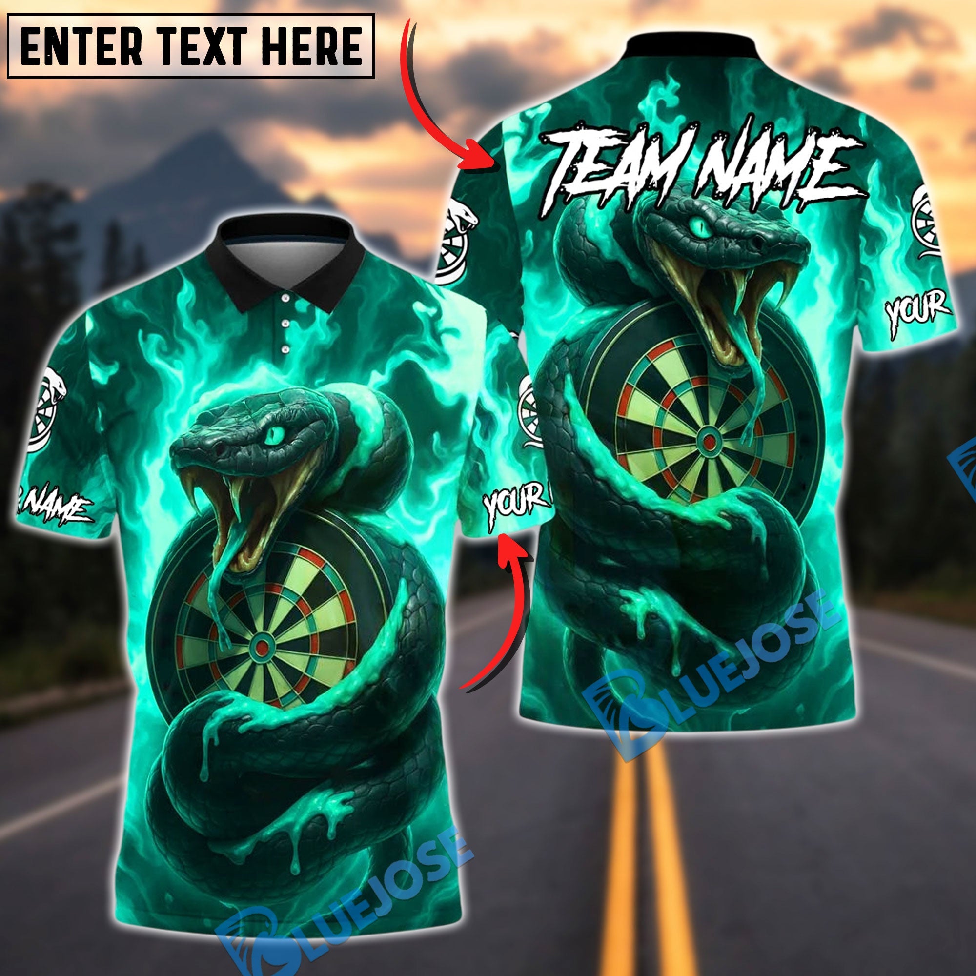 BlueJose Darts Venom Snake Dartboard Toxic Green Flame Customized Name, Team Name 3D Shirt (4 Colors)