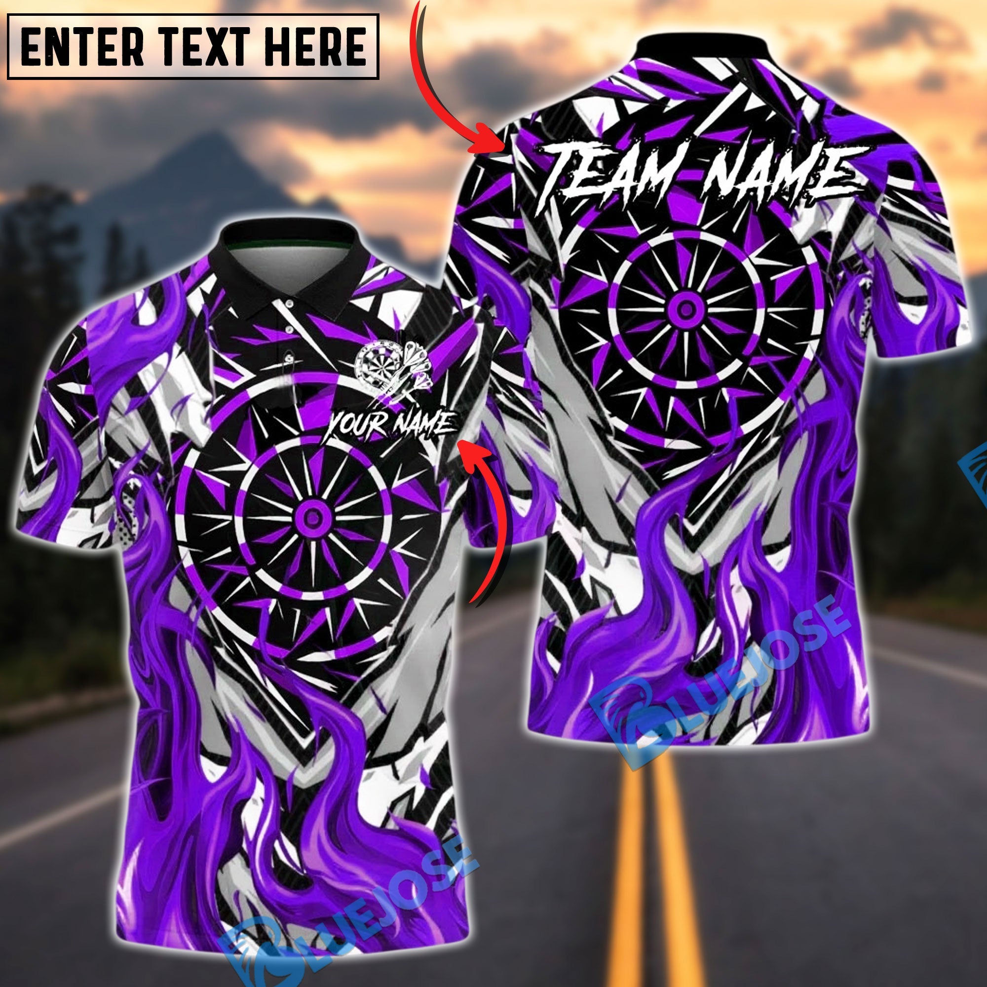 BlueJose Darts Abstract Flames with Geometric Dartboard Pattern Personalized Name, Team Name Unisex Shirt (4 Colors)