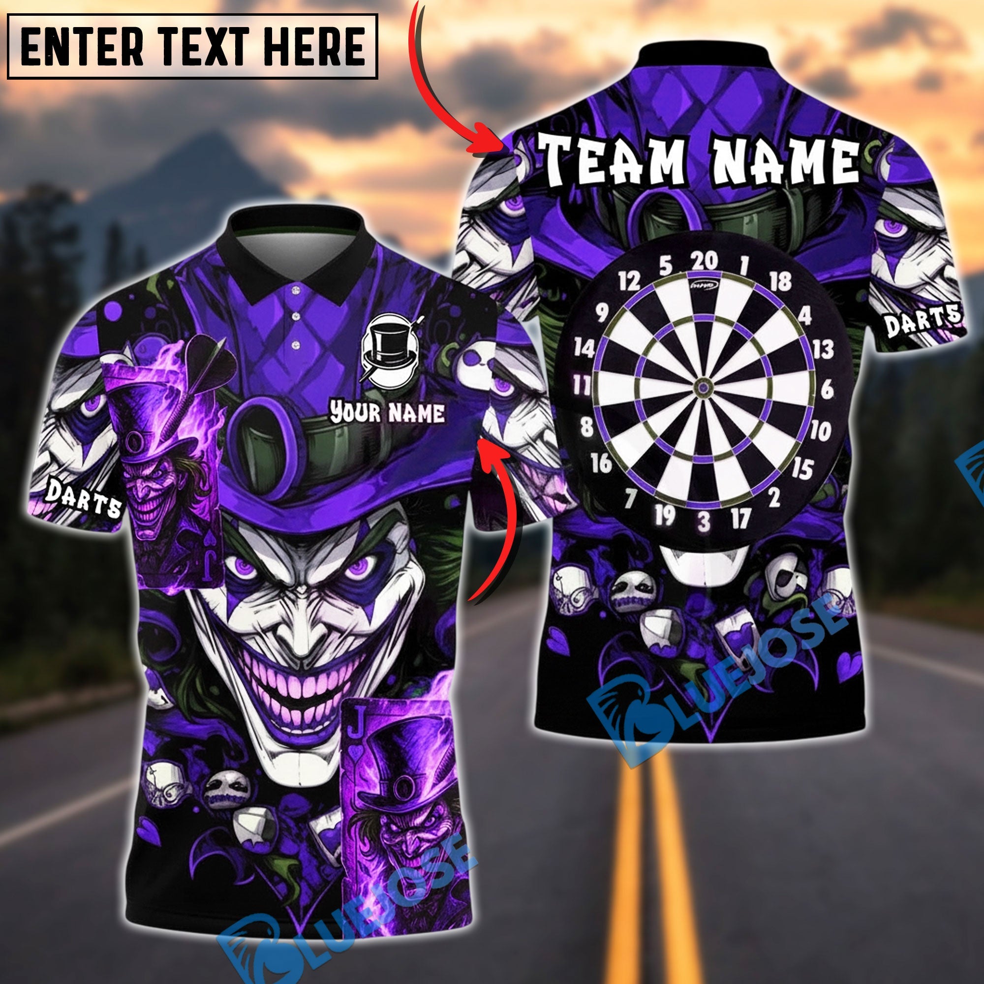 BlueJose Darts Dark Joker Card Dartboard Personalized Name, Team Name Unisex Shirt (4 Colors)