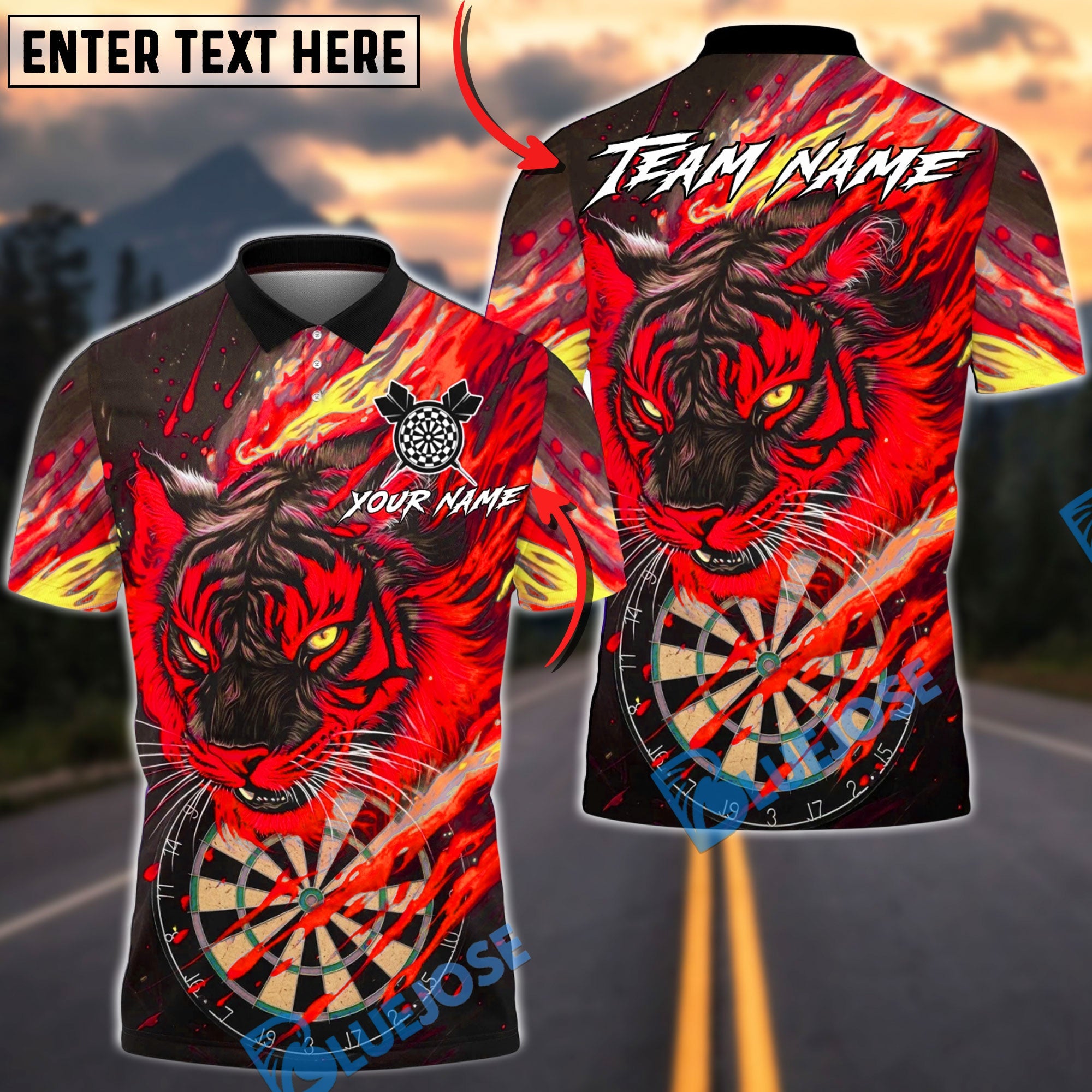 BlueJose Darts Tiger Neon Wildfire Style Personalized Name, Team Name Unisex Shirt (6 Colors)