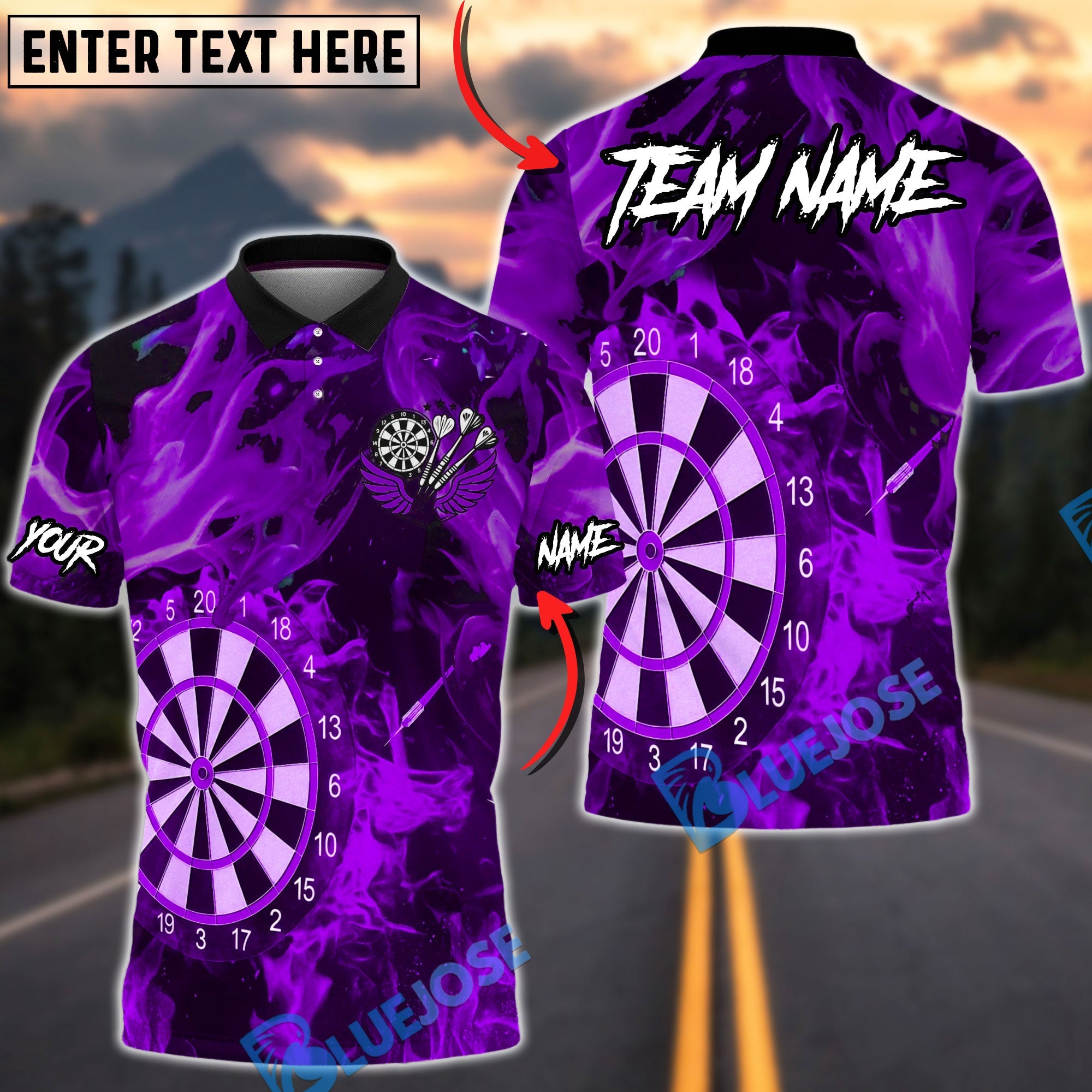 BlueJose Darts Aqua Flame Board Style Multicolor Options Personalized Name Shirt (4 Colors)