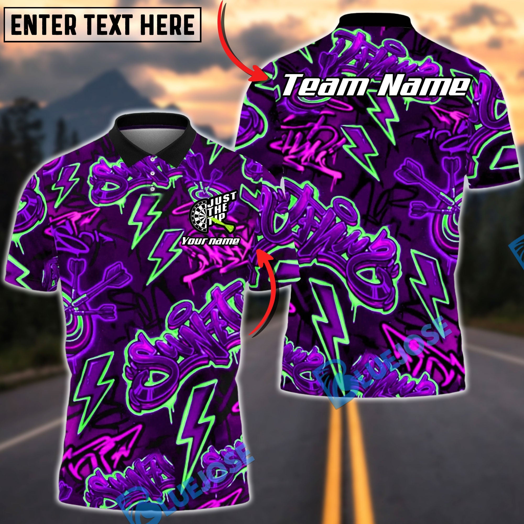 BlueJose Darts Graffiti Neon Lightning Style Multicolor Options Personalized Name Shirt (4 Colors)