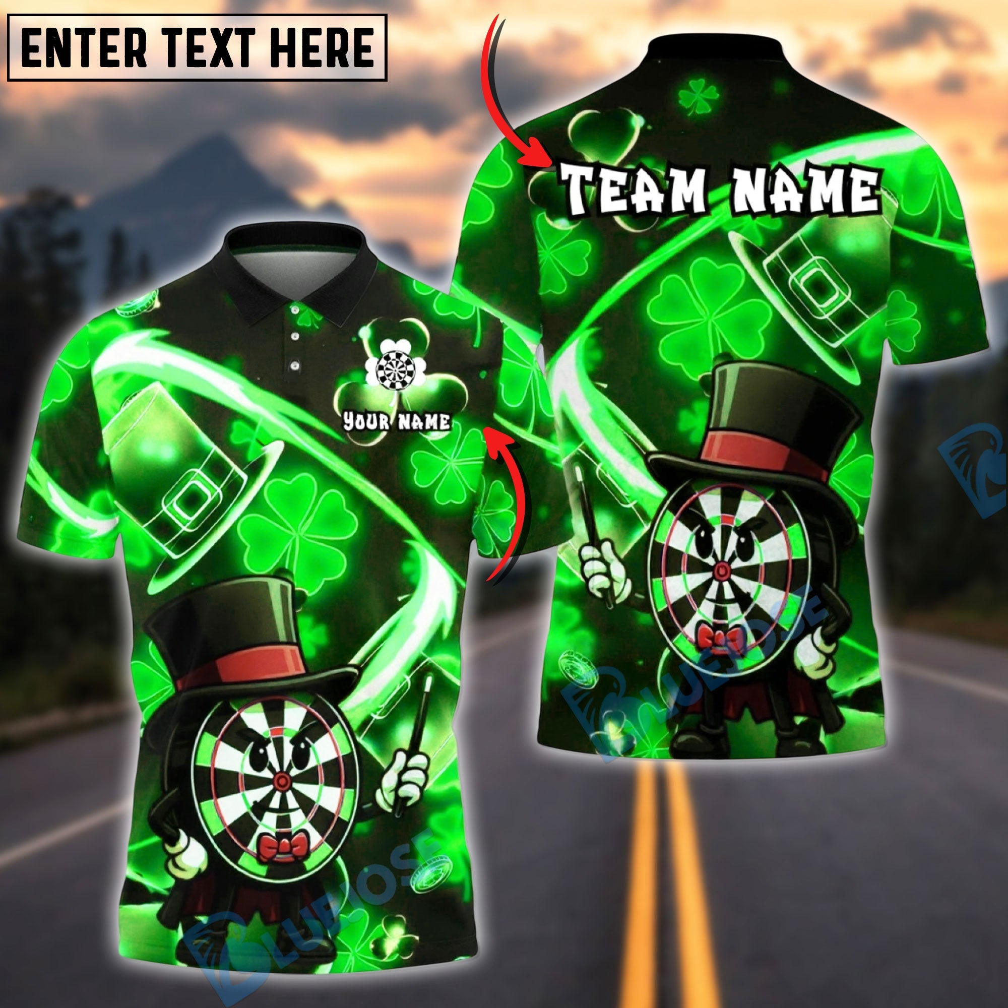 BlueJose Darts Irish Leprechaun Dartboard Green Lucky Clover Theme Multicolor Options Personalized Name Shirt (4 Colors)