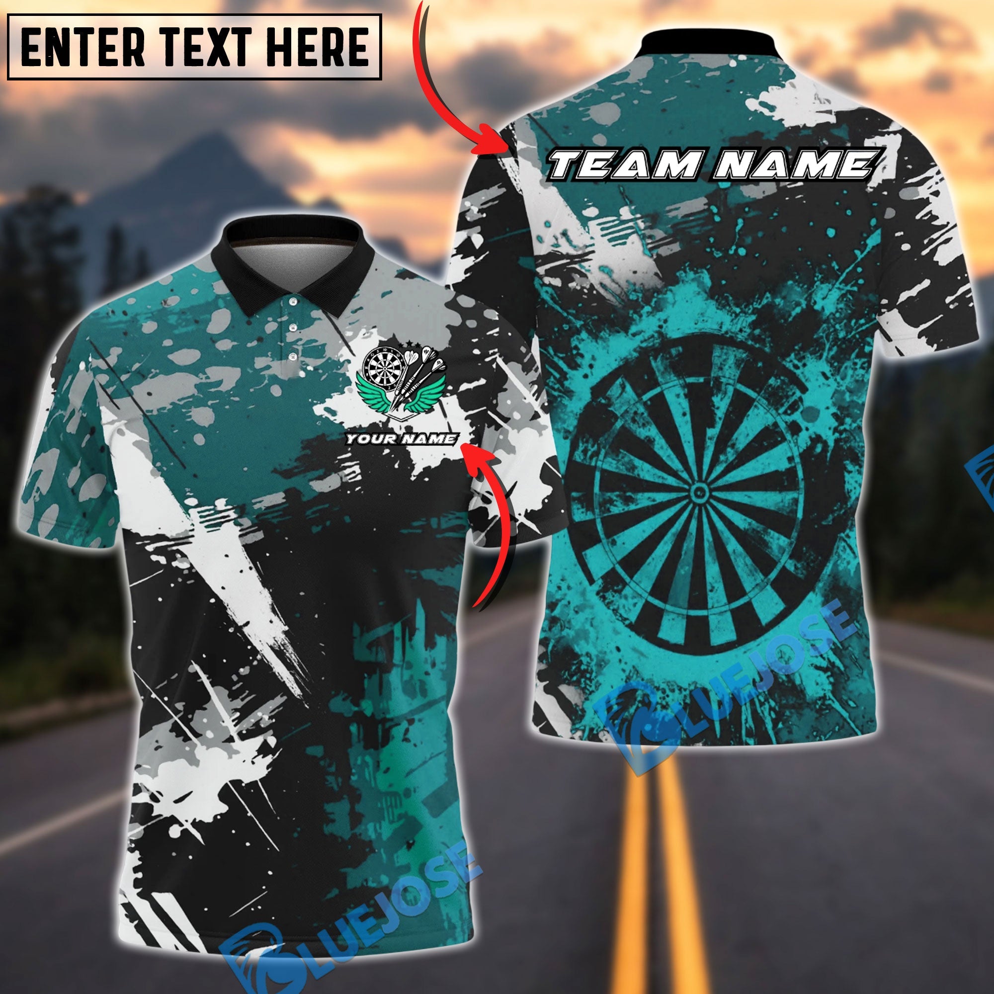 BlueJose Darts Dartboard Paint Splash Multicolor Options Personalized Name Shirt (4 Colors)
