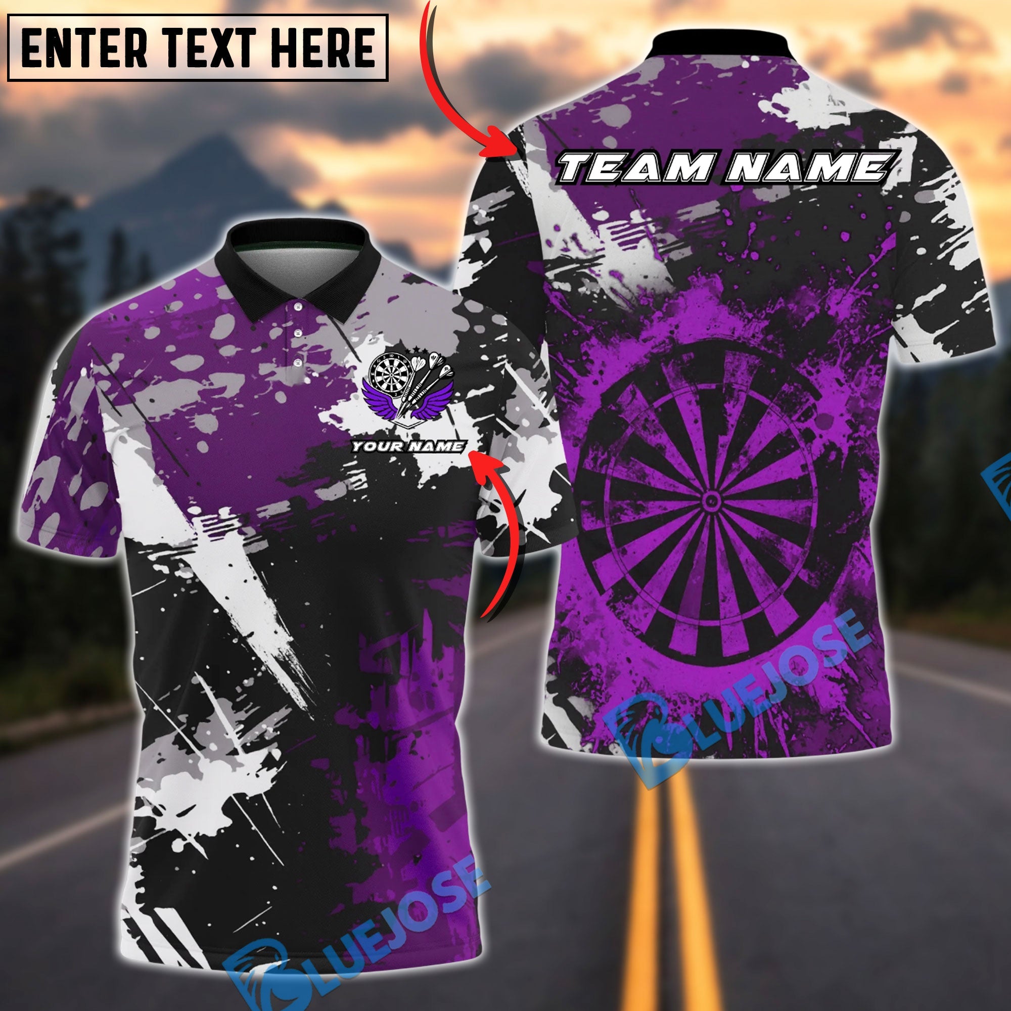 BlueJose Darts Dartboard Paint Splash Multicolor Options Personalized Name Shirt (4 Colors)