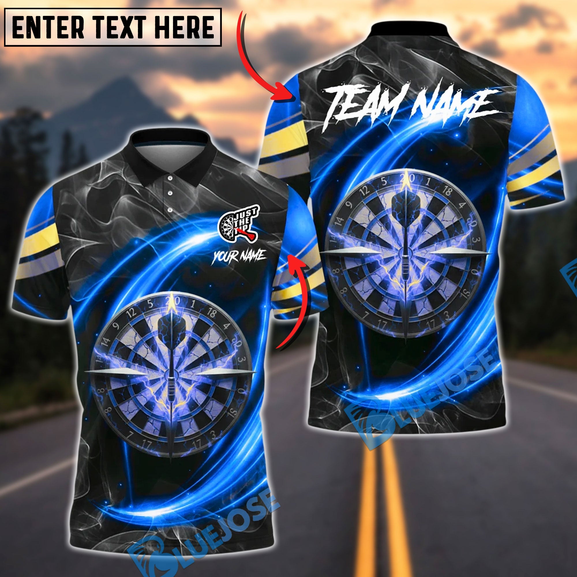 BlueJose Darts Cosmic Energy Neon Swirl Design Personalized Name, Team Name Unisex Shirt (4 Colors)